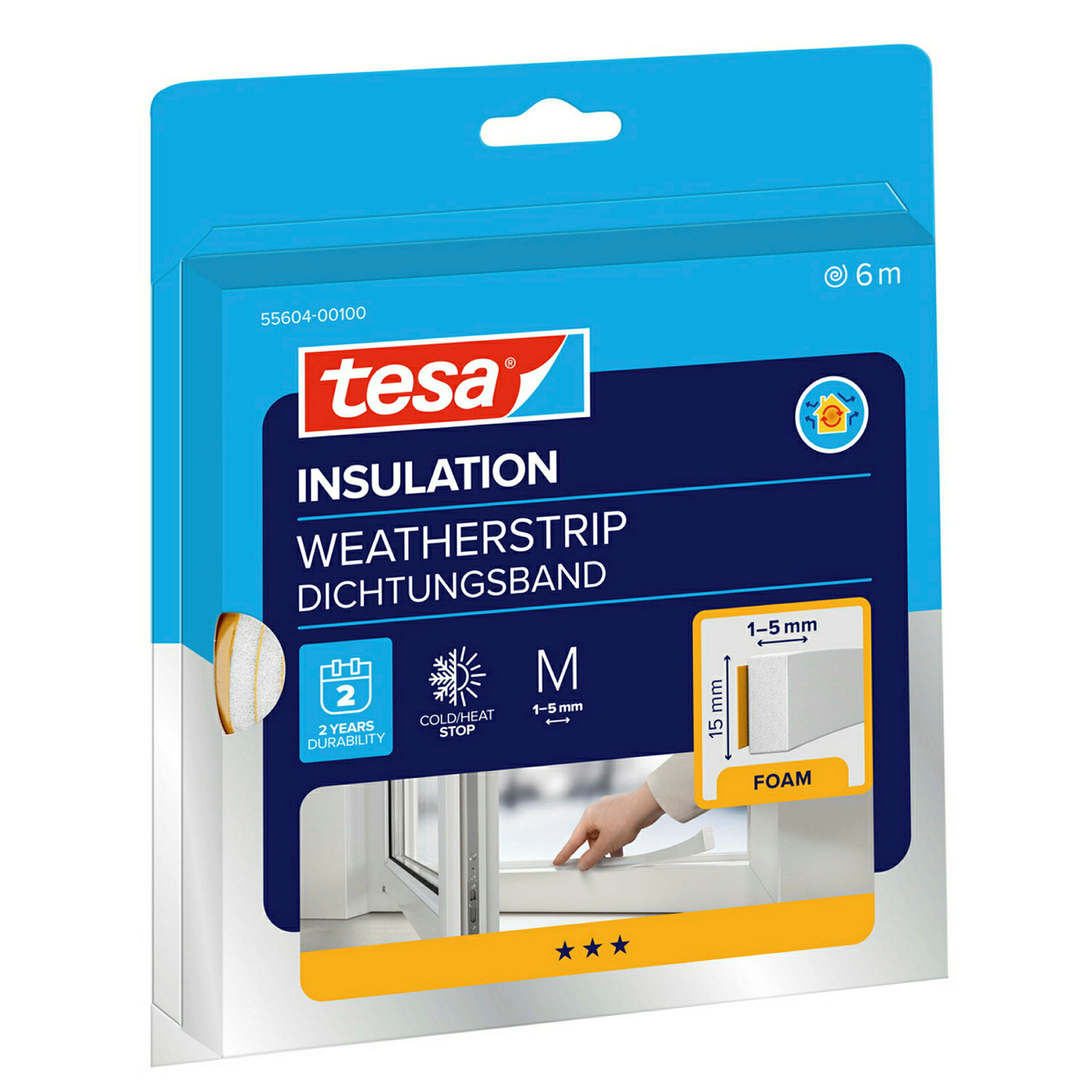 tesamoll® Schaumstoffdichtung für Fenster und Türen, weiß, 6m x 15mm x 6mm