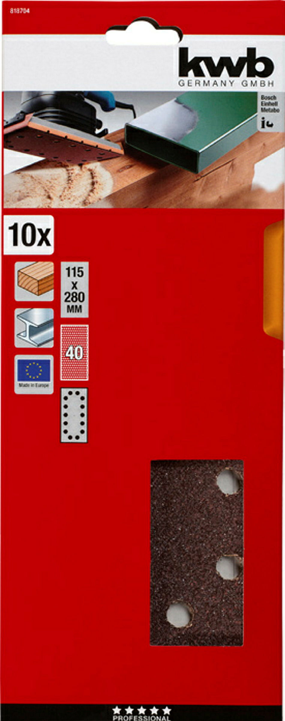 Schleifstreifen, HOLZ & METALL, Korund, 115 x 280 mm, gelocht, K 40