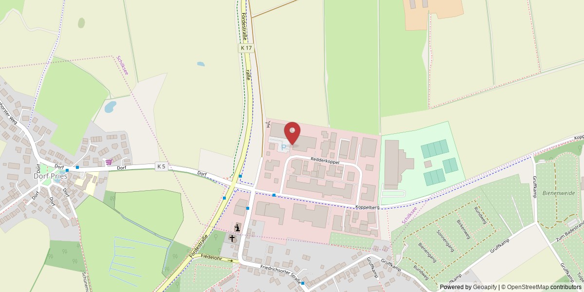 Kartenausschnitt mit der Lage des Förde Baumarkts in Kiel-Pries, Redderkoppel 3-5, an der Fördestraße (K 17)