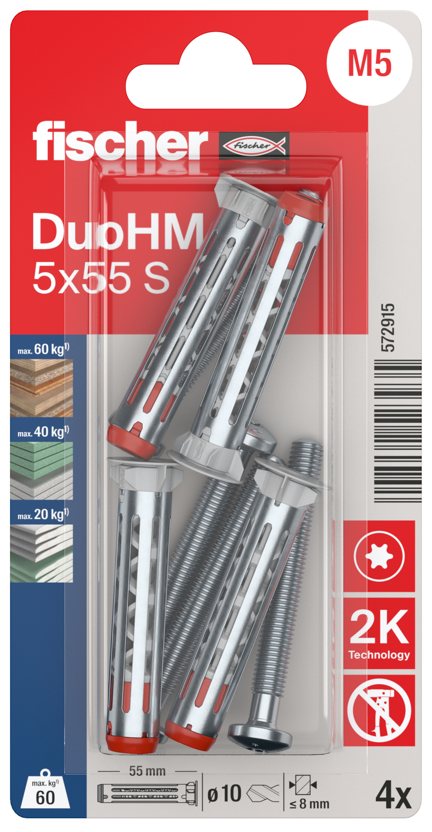 fischer Hohlraumdübel DuoHM 5 x 55 S PH TX, Panhead-Schraube, TX-Antrieb