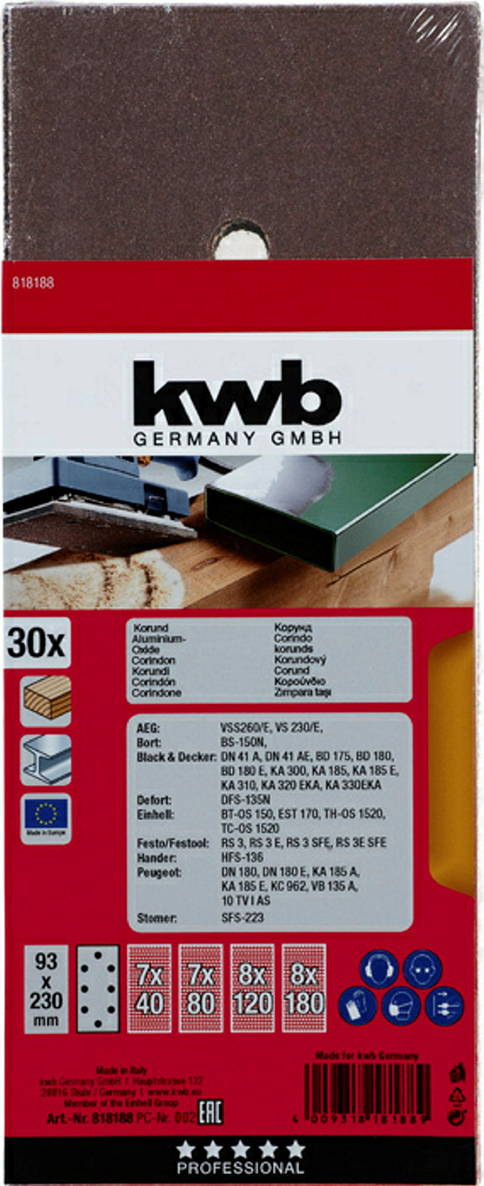 Schleifstreifen, HOLZ & METALL, Korund, 93 x 230 mm, gelocht, Typ A