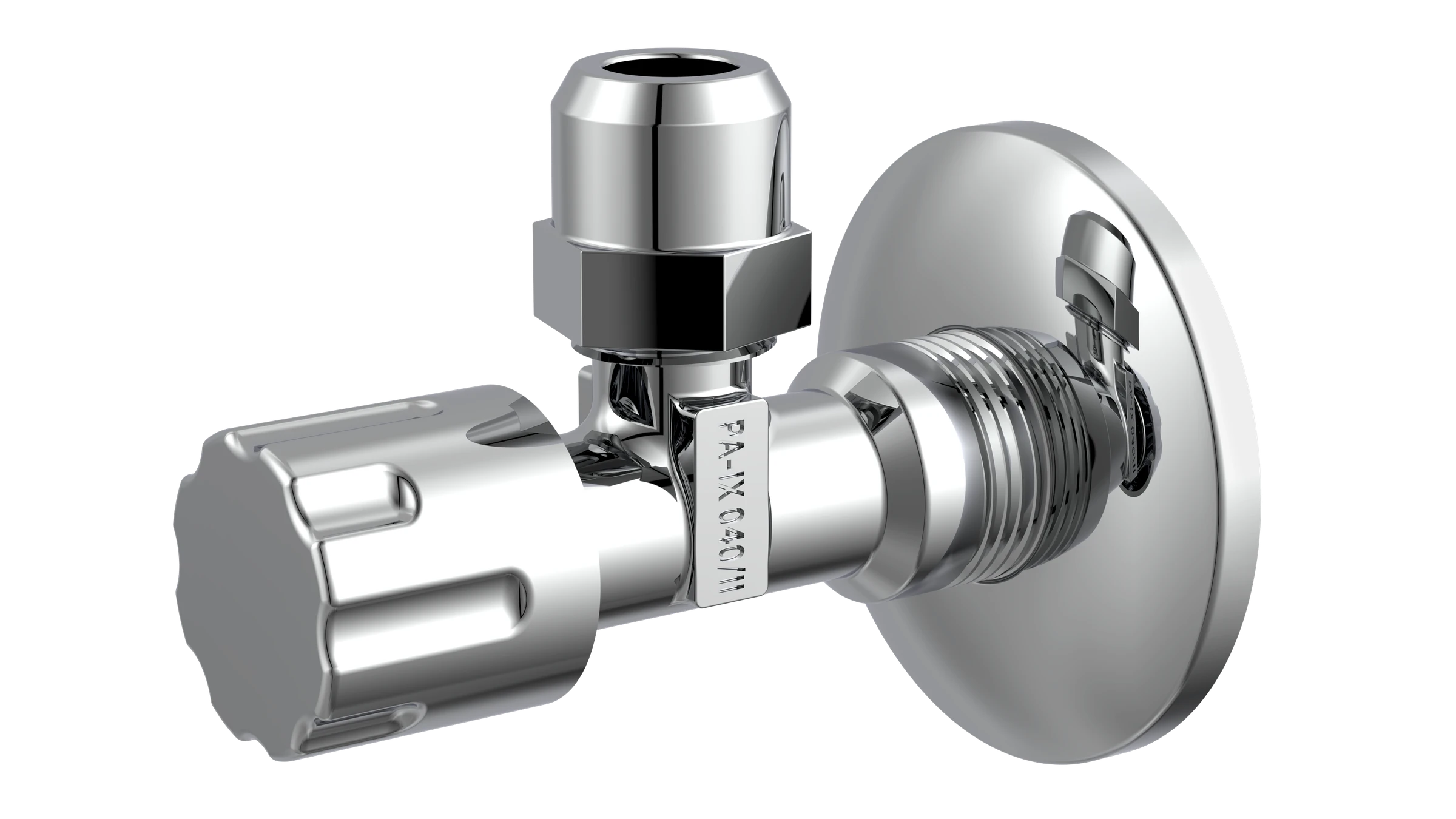 Eckventil, Chrom, 3/8''AG x 10 mmQ, mit Schubrosette, selbstdichtend