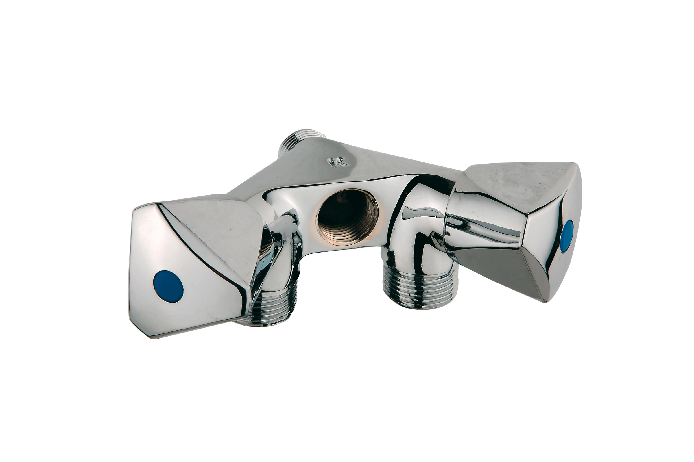Doppel-GA-Wandventil, Chrom, 1/2''AG x 3/4''AG x 1/2''IG, mit Rückflussverh
