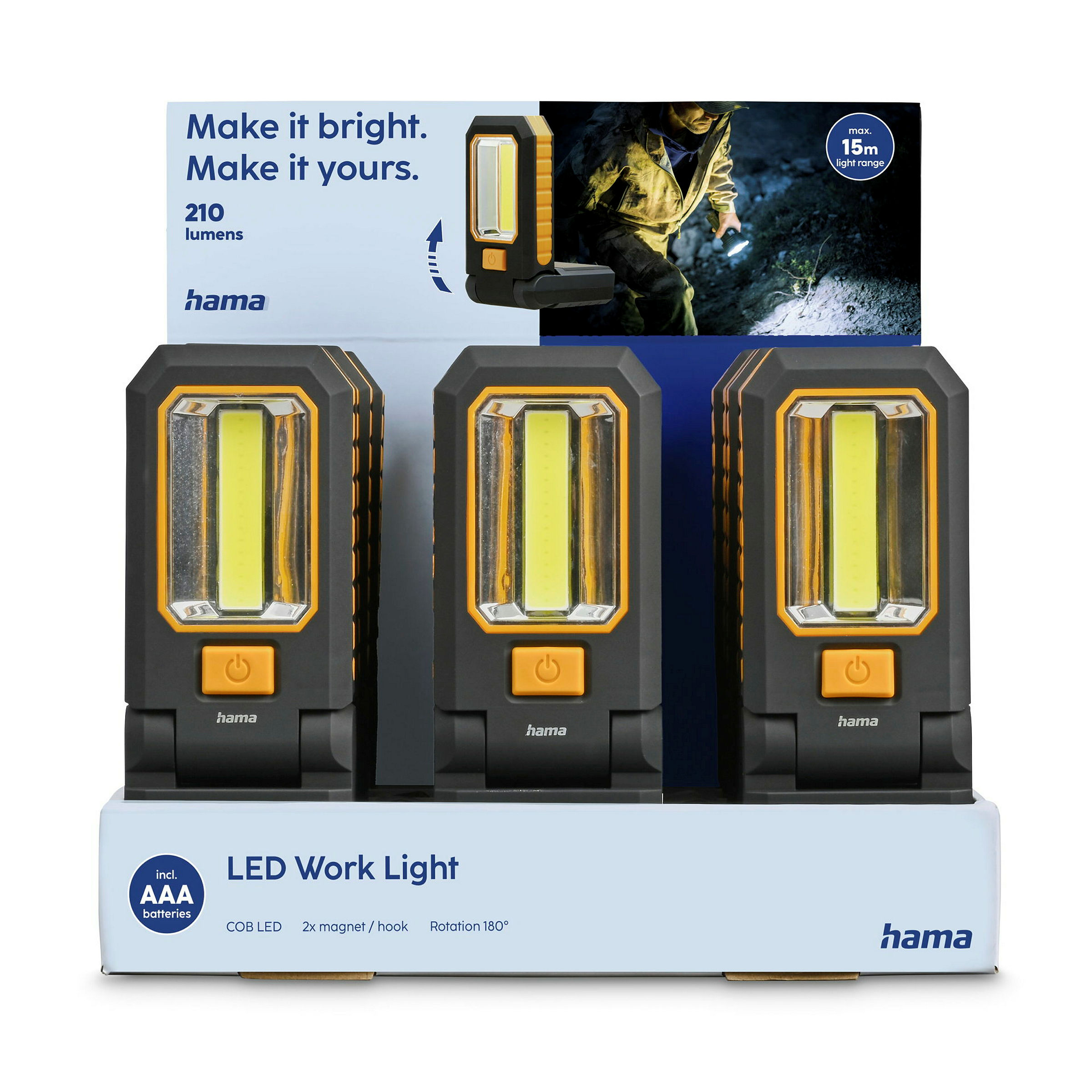 Hama LED-Arbeitsleuchte ''W210'', Batterien, Magnet, Haken, 15 St./Display