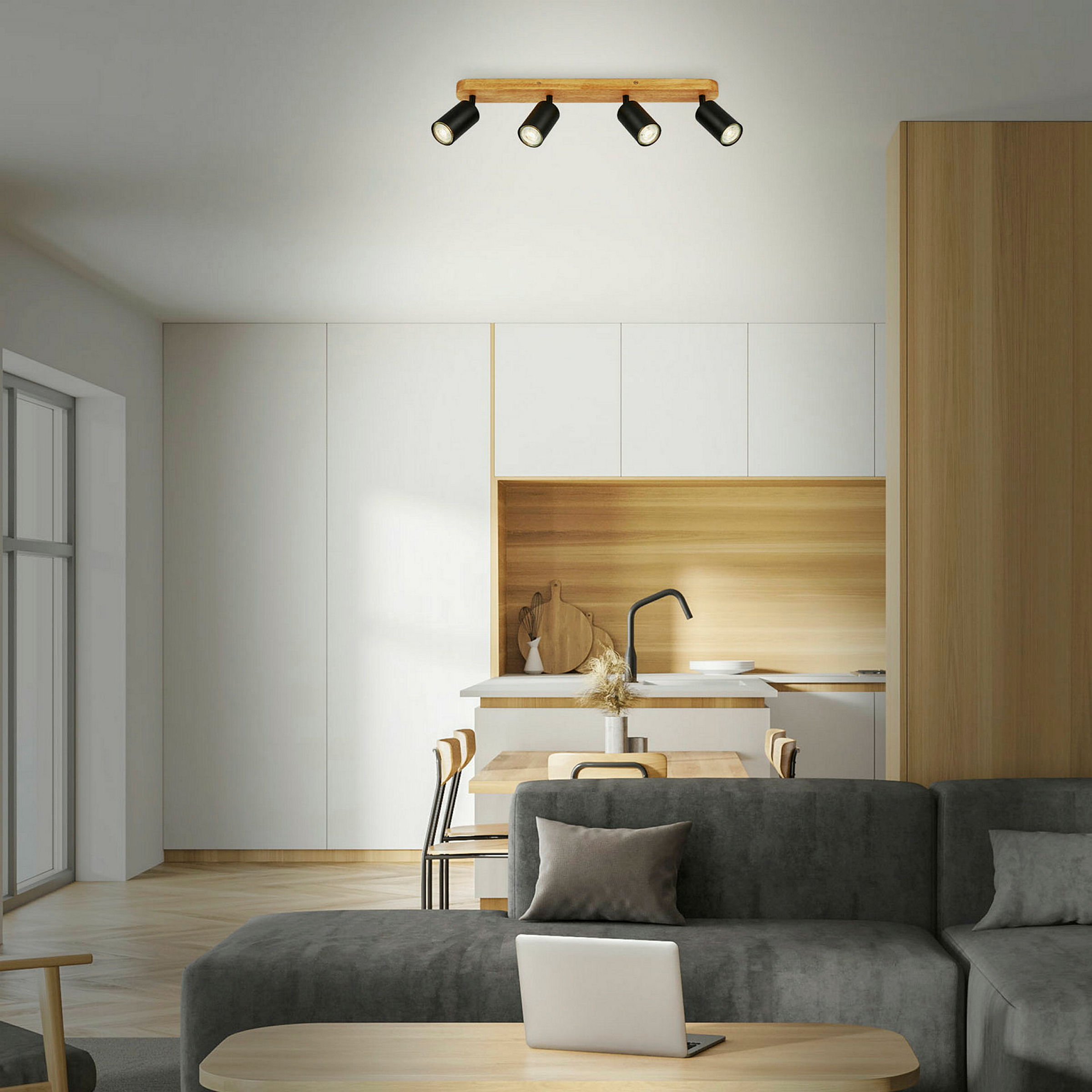 Spotleuchte, schwarz, mit Holz, exkl. 4xGU10 9W