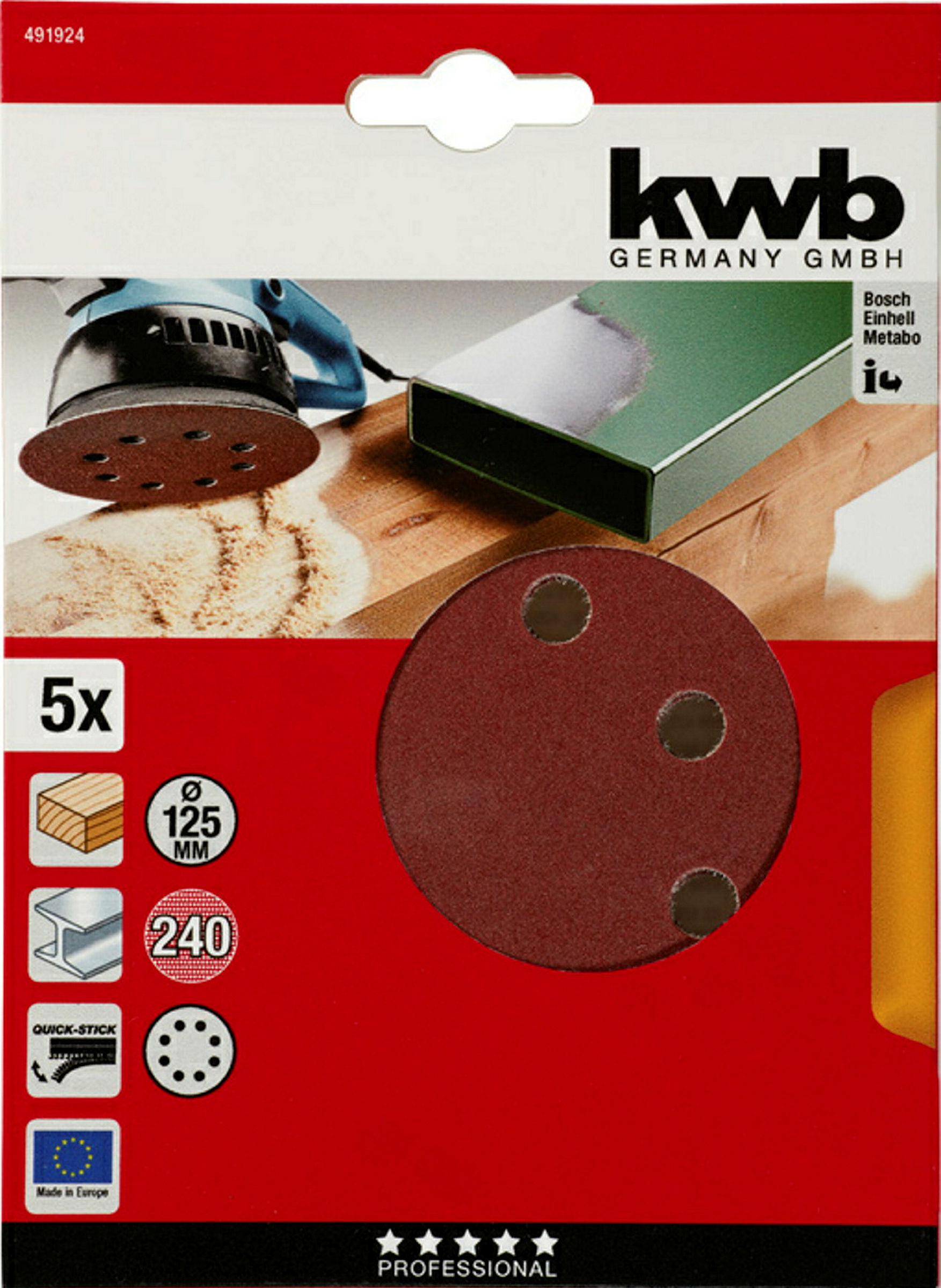Haft-Schleifscheiben, HOLZ & METALL, Edelkorund, Ø 125 mm, gelocht, K 240