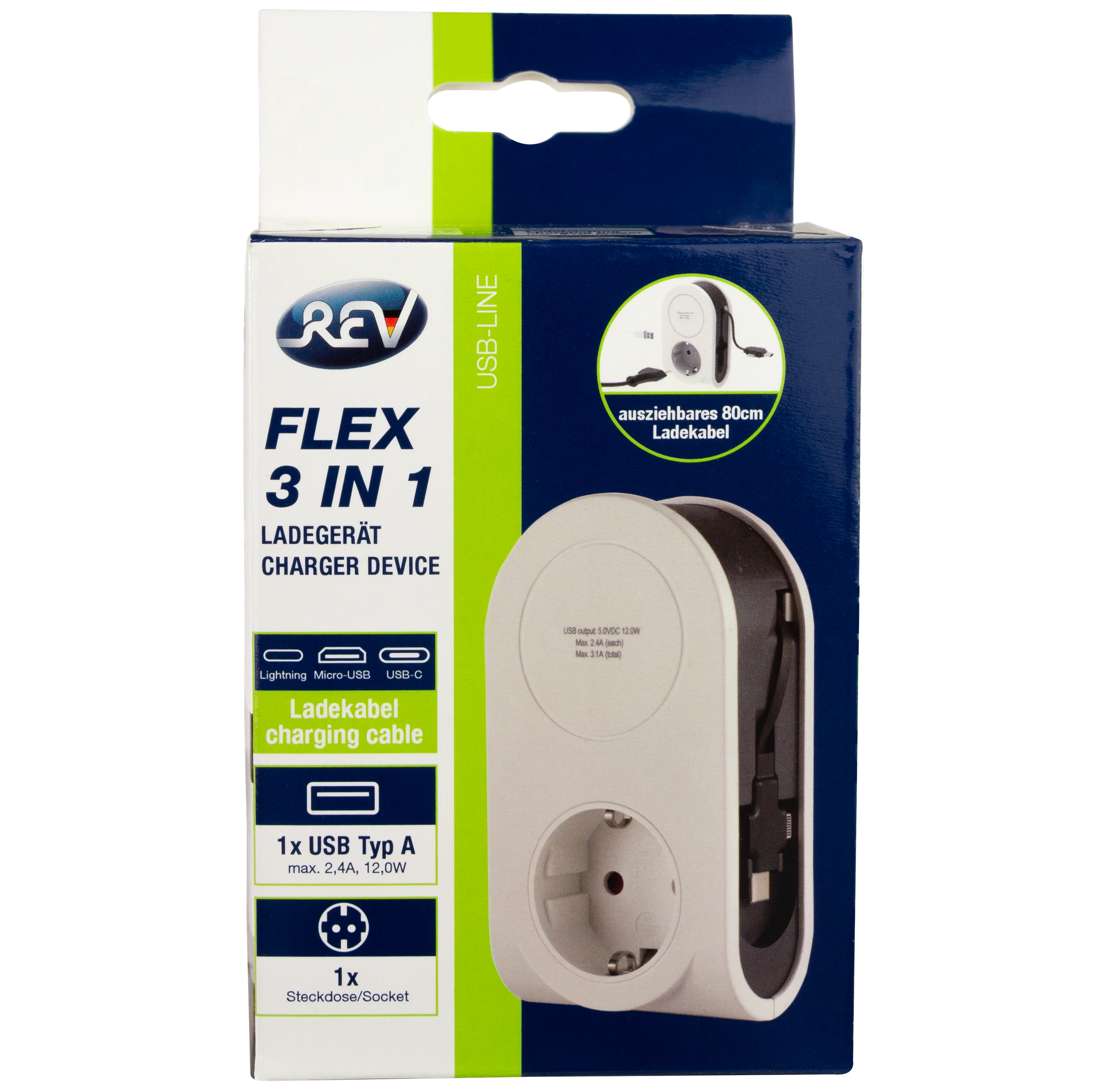 USB-Ladegerät Flex 3 in 1 mit ausziehbarem Ladekabel 3,1A weiß