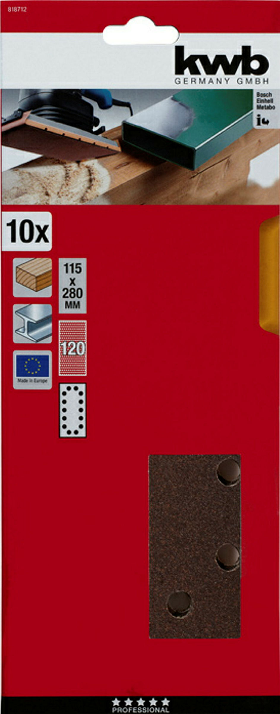 Schleifstreifen, HOLZ & METALL, Korund, 115 x 280 mm, gelocht, K 120