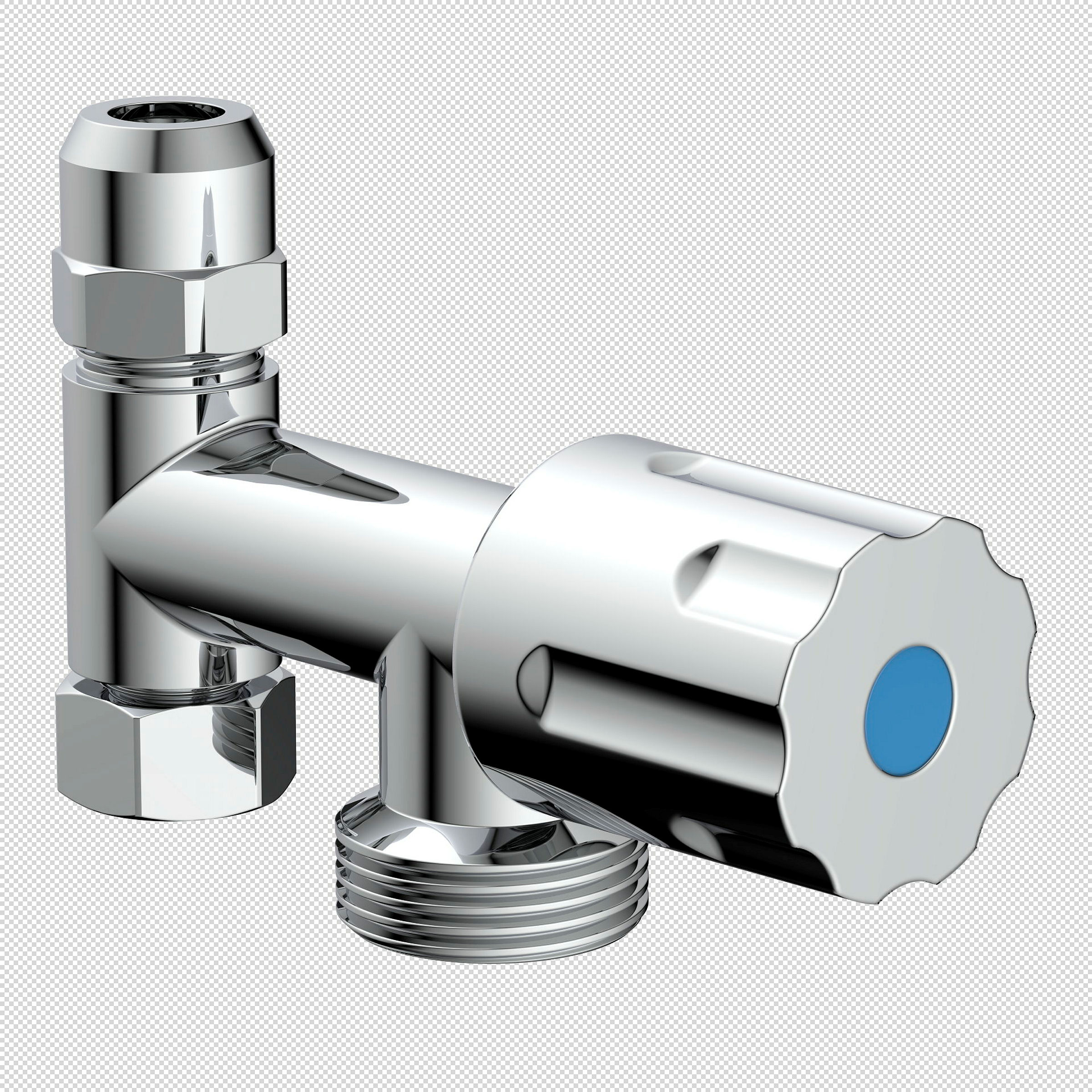 GA-Zusatzventil, Chrom, 3/8''IG x 3/4''AG x 3/8''AG x 10 mmQ, mit Rückfluss