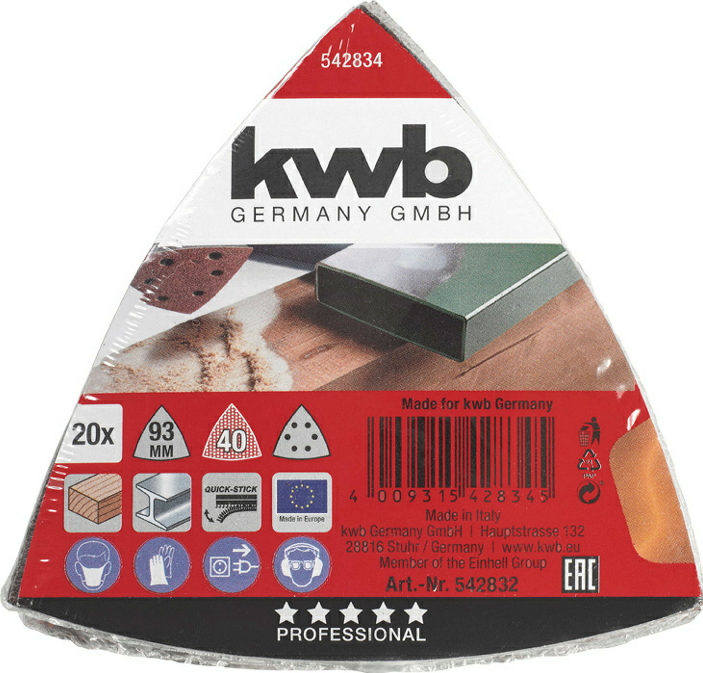 Haft-Schleifdreiecke, HOLZ & METALL, Edelkorund, 93 mm, K 40