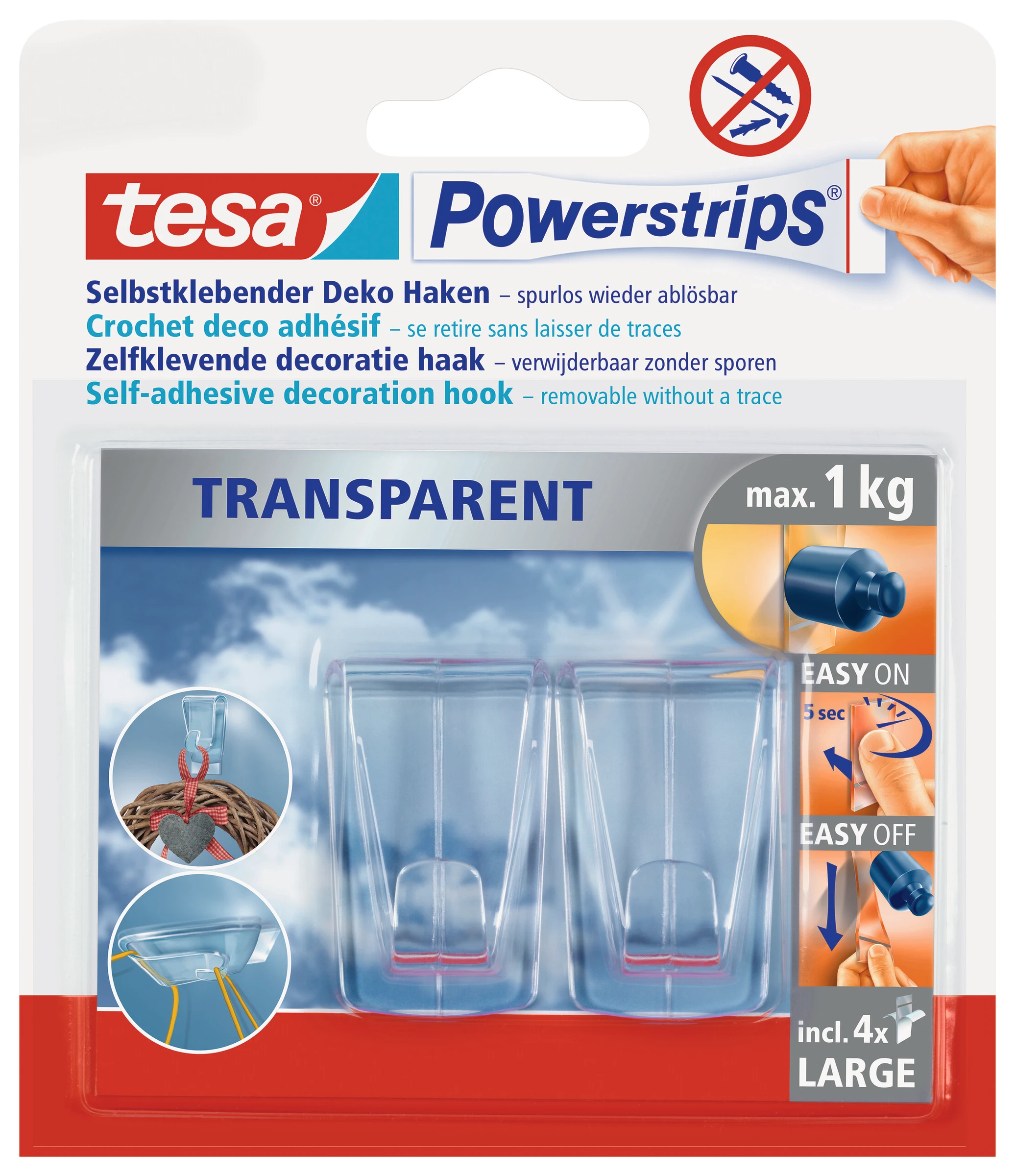 tesa® Powerstrips Deco-Haken, transparent, für max. 1kg, mit 2 Haken