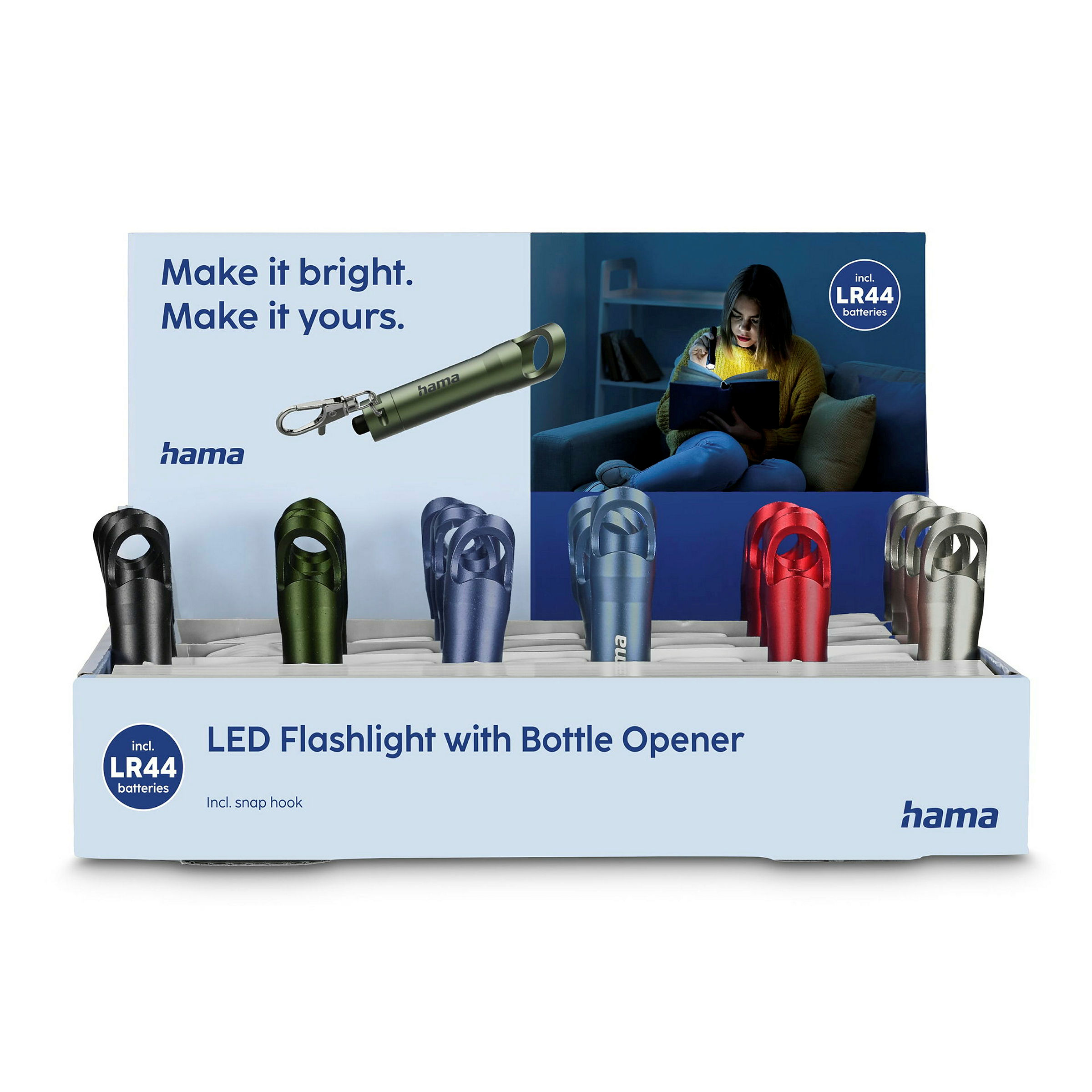 Hama LED-Taschenlampe ''FL4'', mit Batterien, Karabiner, 24 St./Disp.