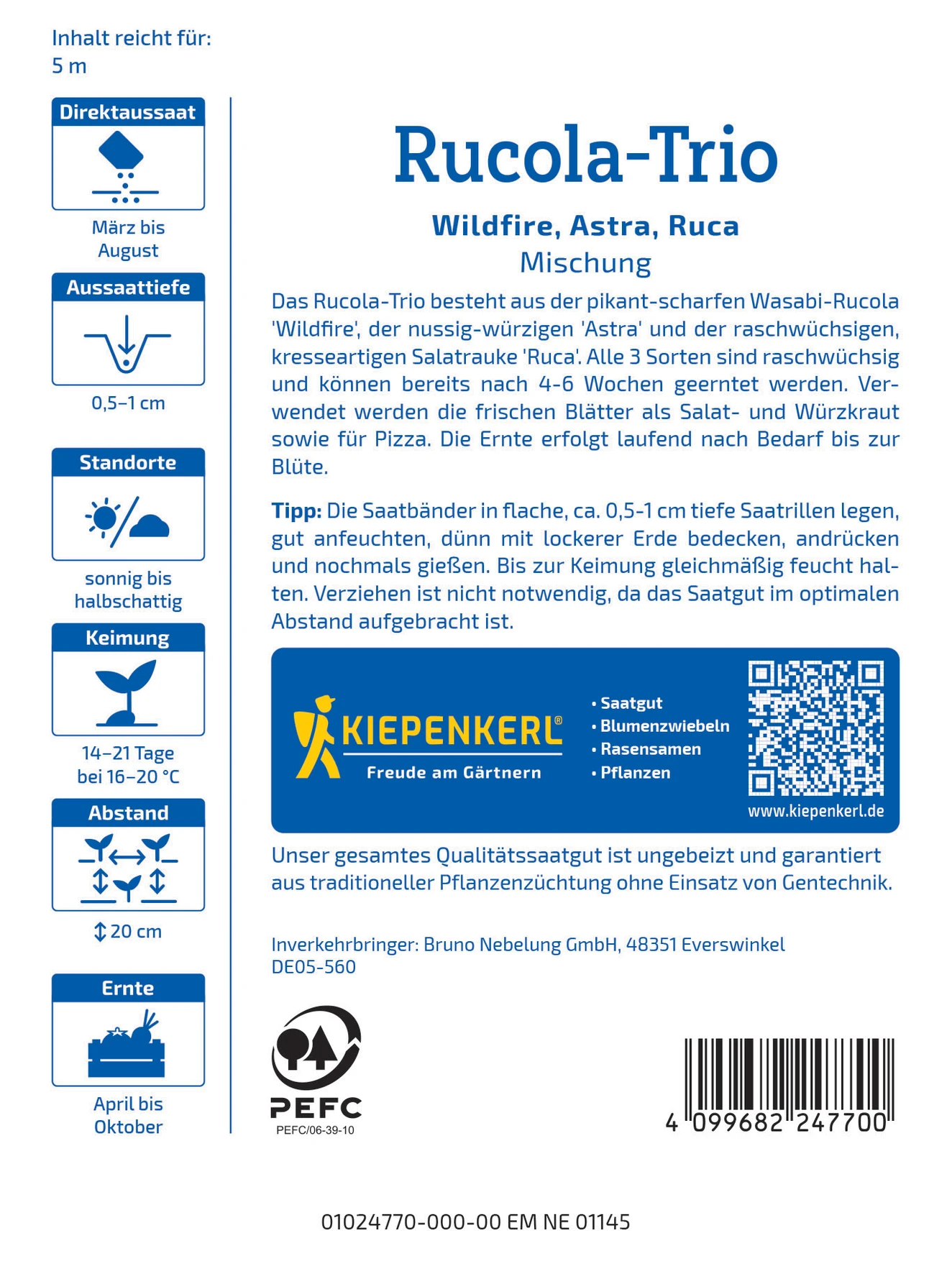 Kiepenkerl Rucola-Trio Wildfire, Astra, Salatrauke Ruca, Saatband