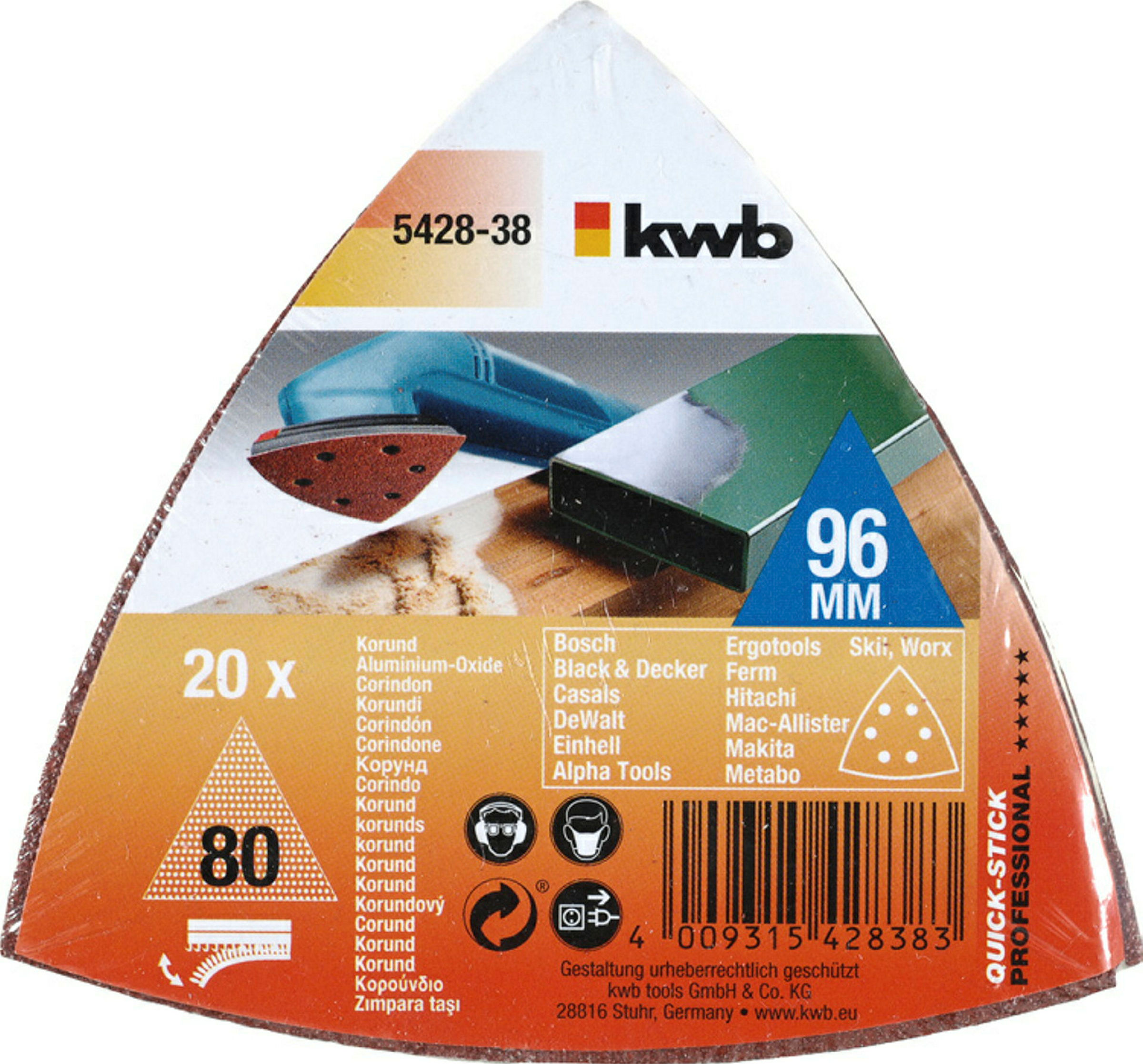 Haft-Schleifdreiecke, HOLZ & METALL, Edelkorund, 93 mm, K 80