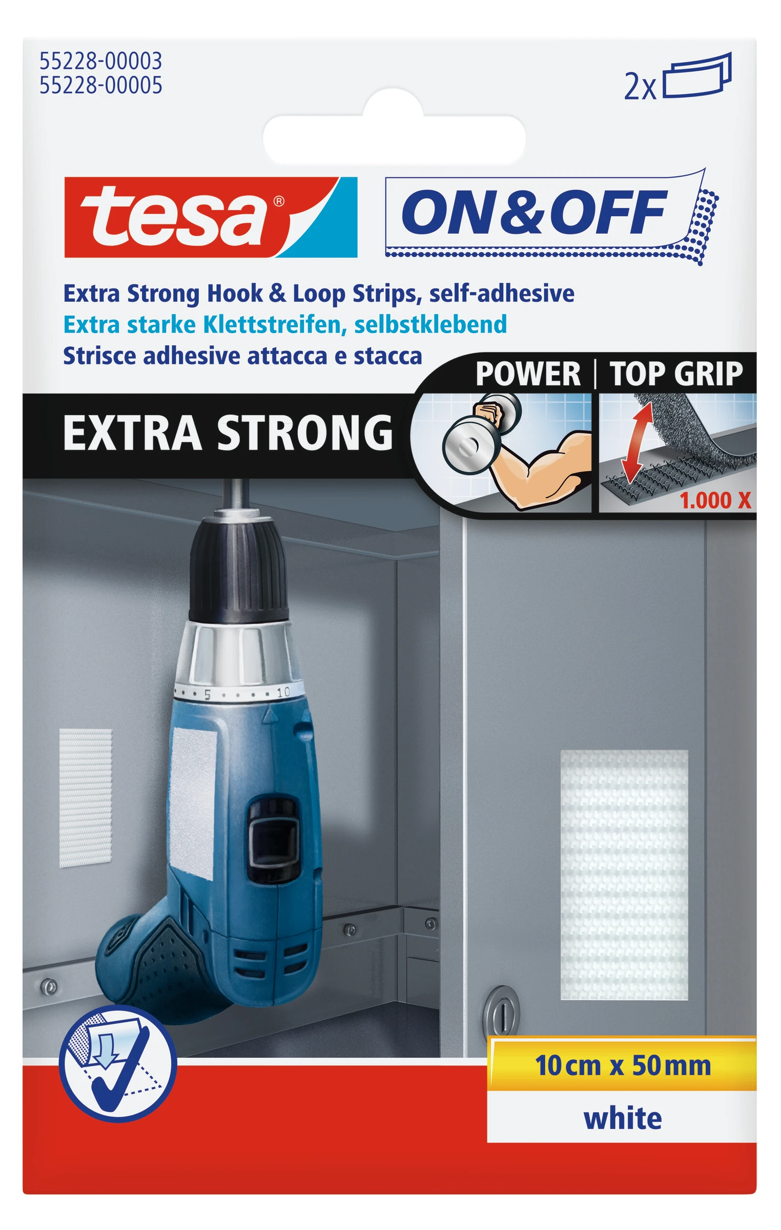 tesa ON&OFF® Extra Strong Klettstreifen, weiß