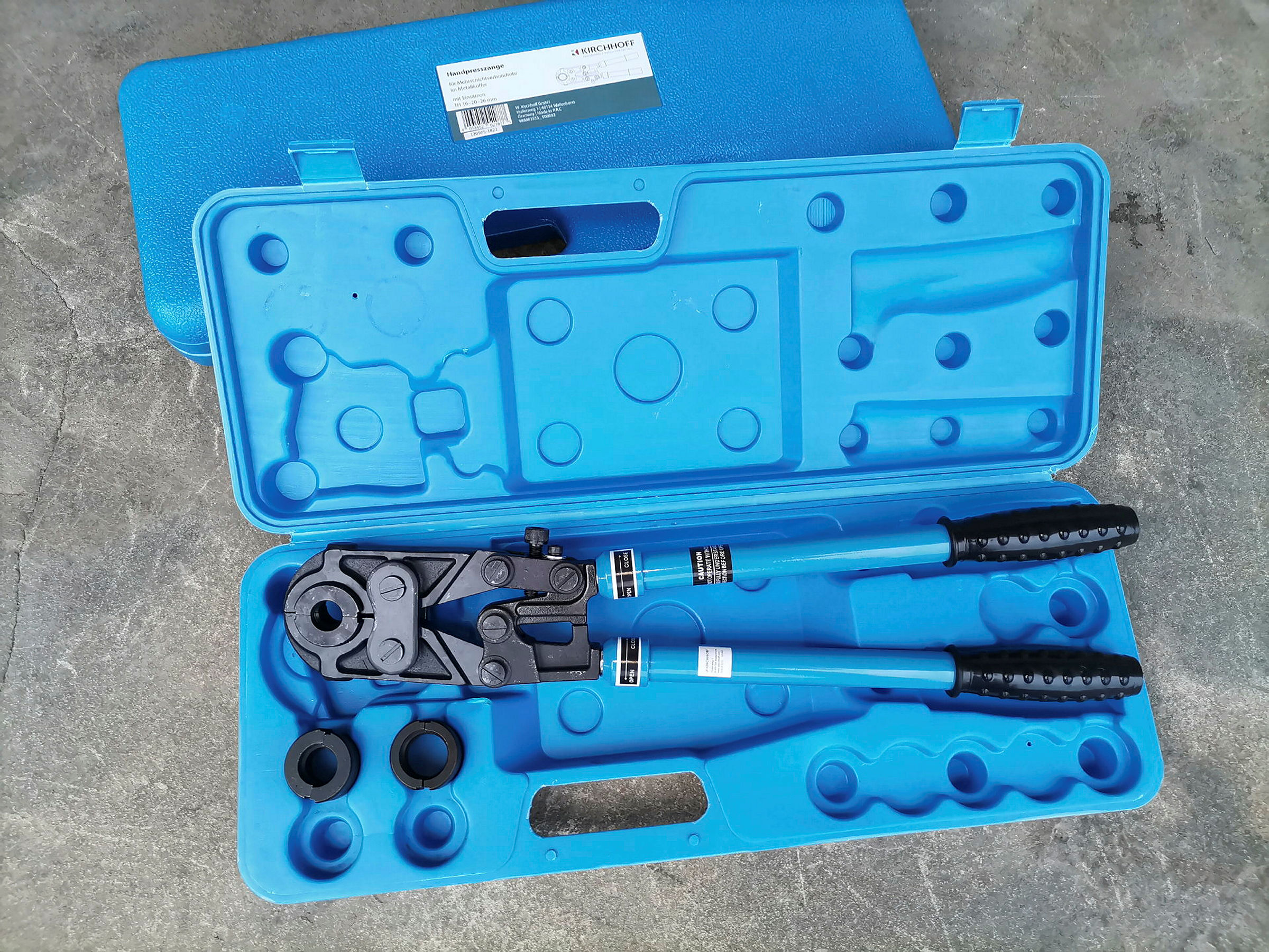 Handpresszange, mit Einsätze 16-20-26 mm, für Mehrschichtverbundrohr