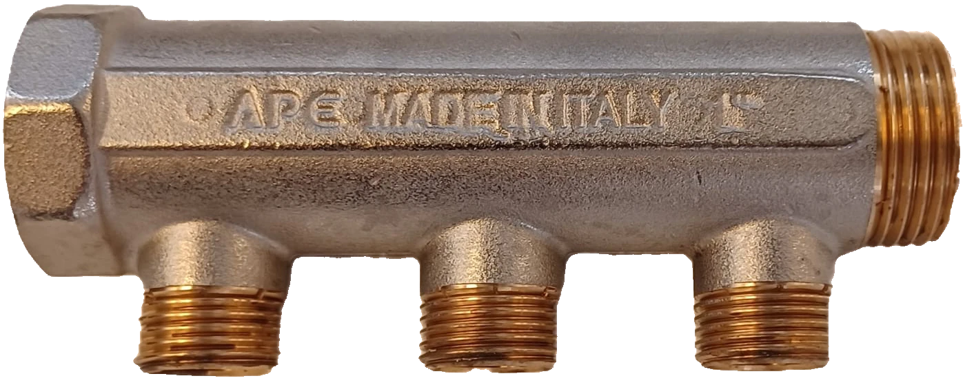 MS Verteiler, blank, 1''IG x 1''AG, mit 3 Abgänge Eurokonus 3/4''AG, ohne E