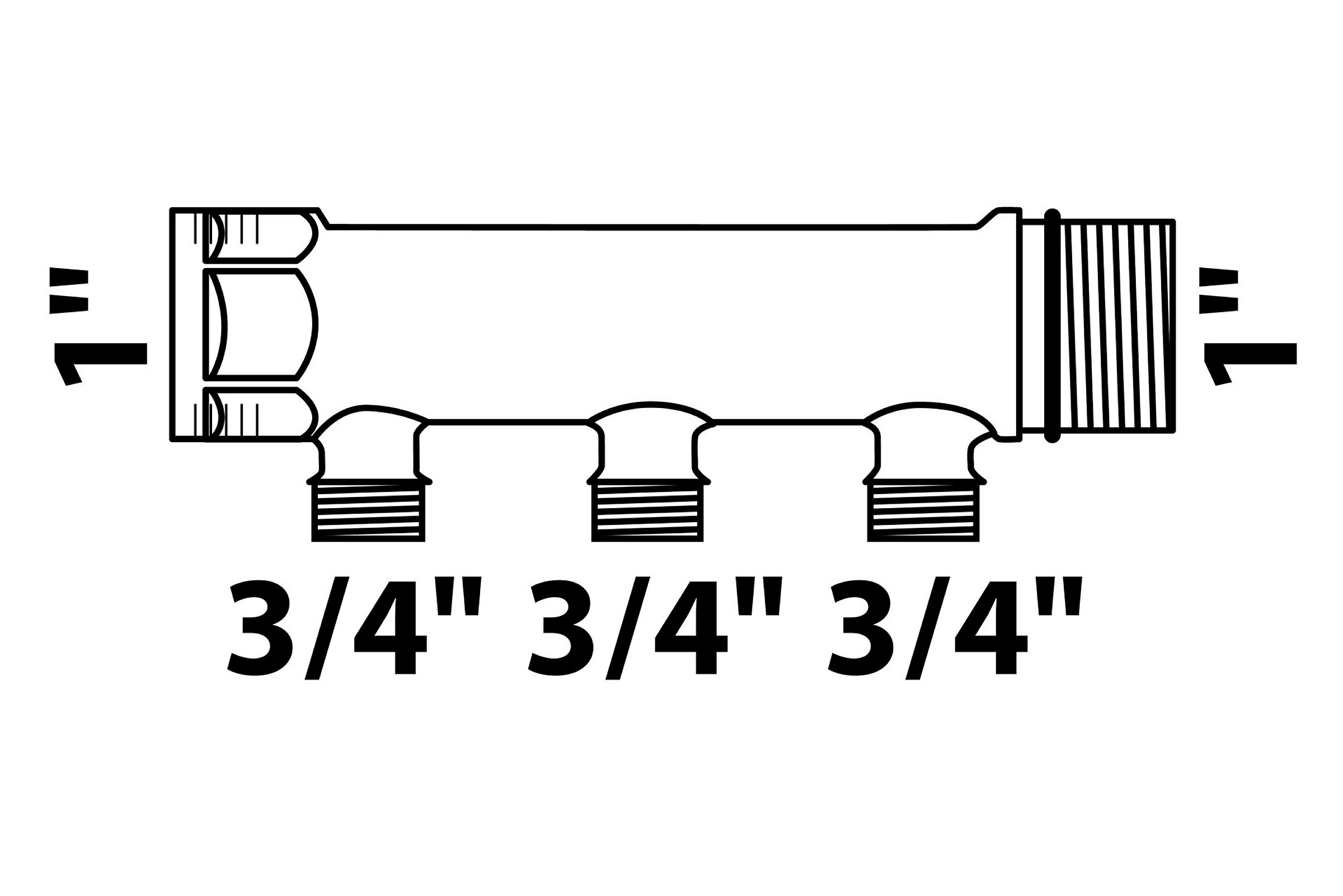 MS Verteiler, blank, 1''IG x 1''AG, mit 3 Abgänge Eurokonus 3/4''AG, ohne E