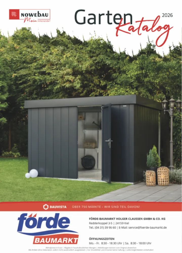 Titelseite des Gartenkatalogs 2026 mit einem anthrazitfarbenen Gerätehaus im Garten