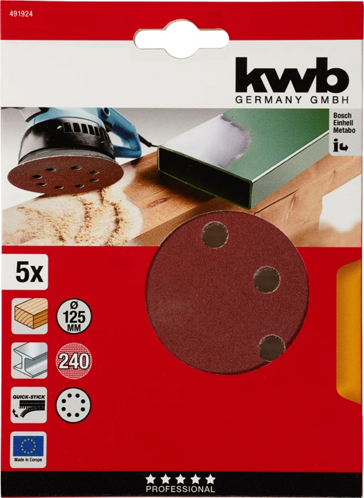 Haft-Schleifscheiben, HOLZ & METALL, Edelkorund, Ø 125 mm, gelocht, K 240