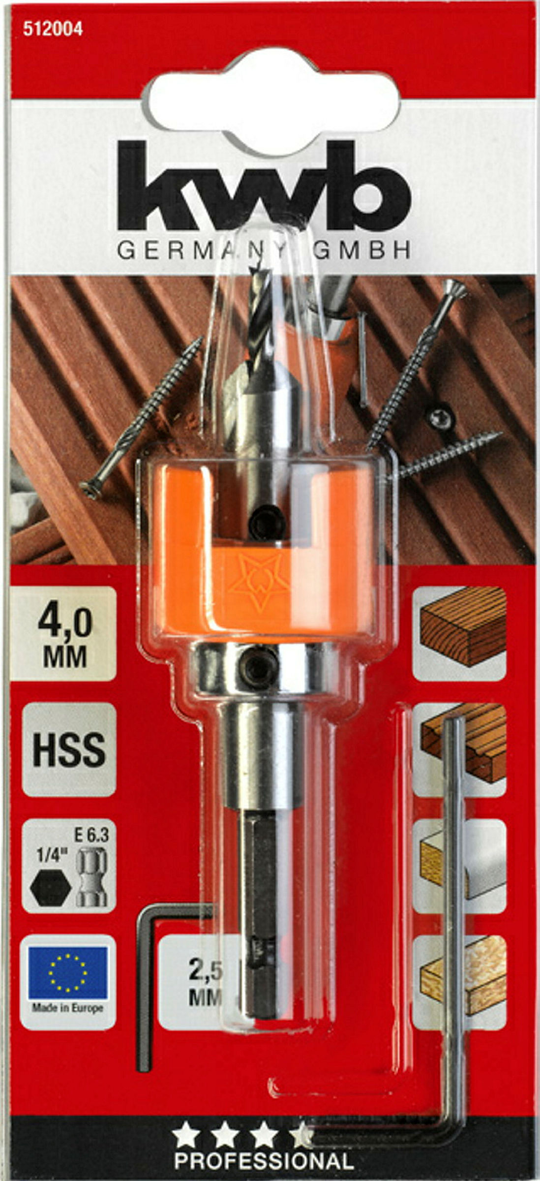 HSS-M2 Hartholzbohrer mit verstellbarem Tiefenstopp und Senker, ø 4.0 mm