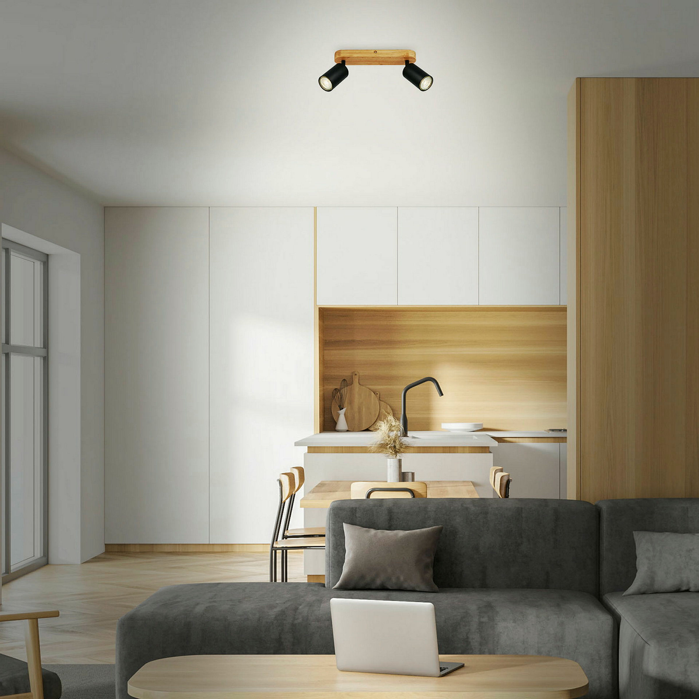 Spotleuchte, schwarz, mit Holz, exkl. 2xGU10 9W