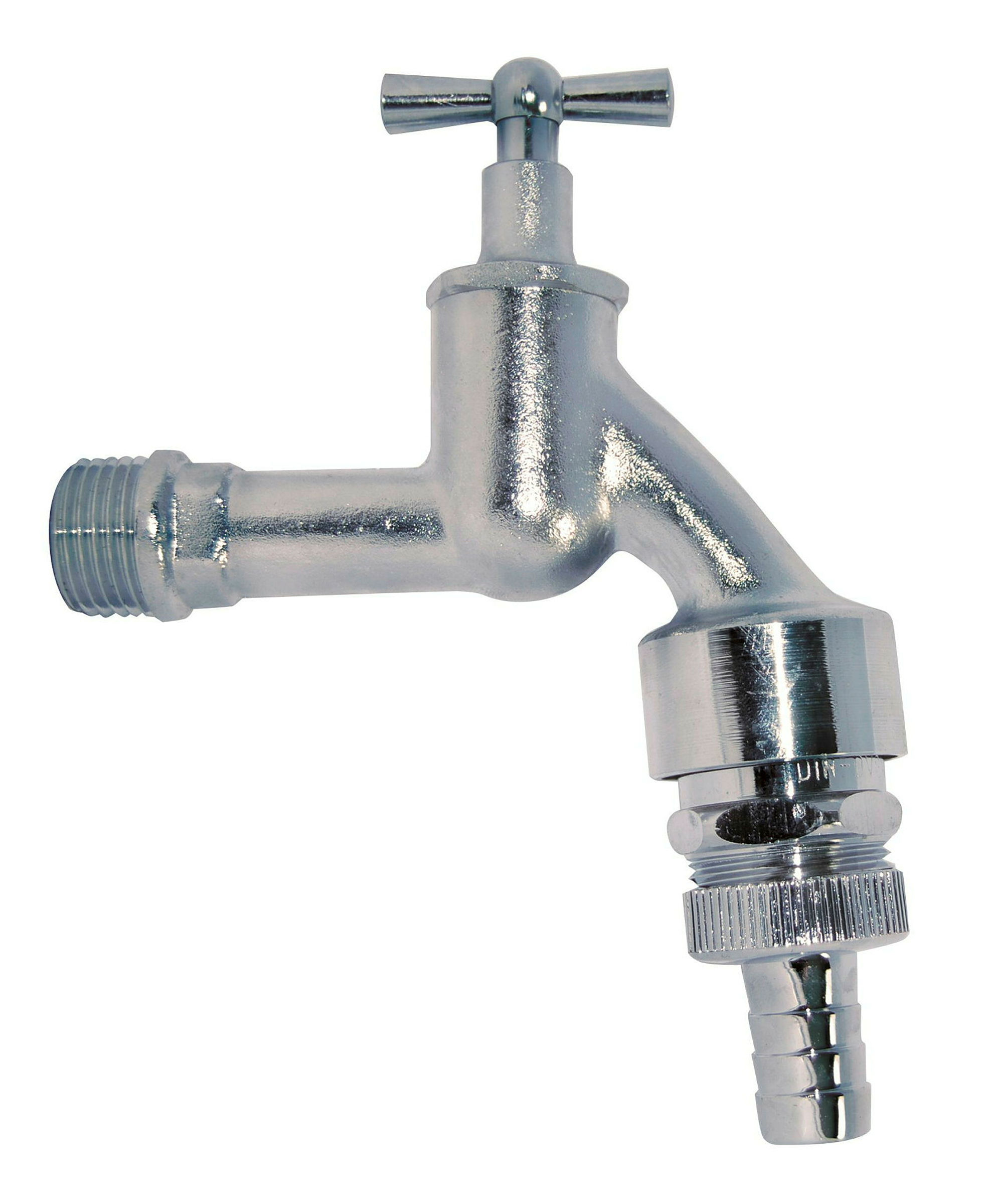 MS Auslaufventil Knebelgriff, Chrom matt, 1/2''AG x 3/4''AG x 1/2''T, mit R