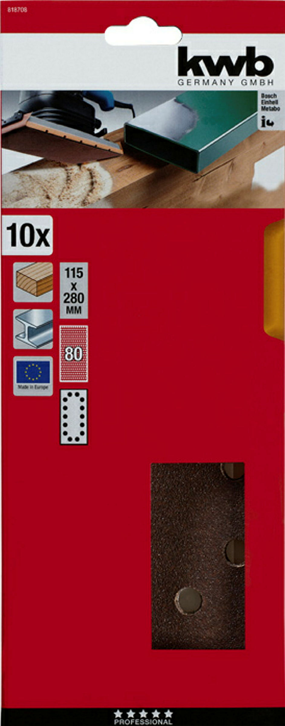 Schleifstreifen, HOLZ & METALL, Korund, 115 x 280 mm, gelocht, K 80