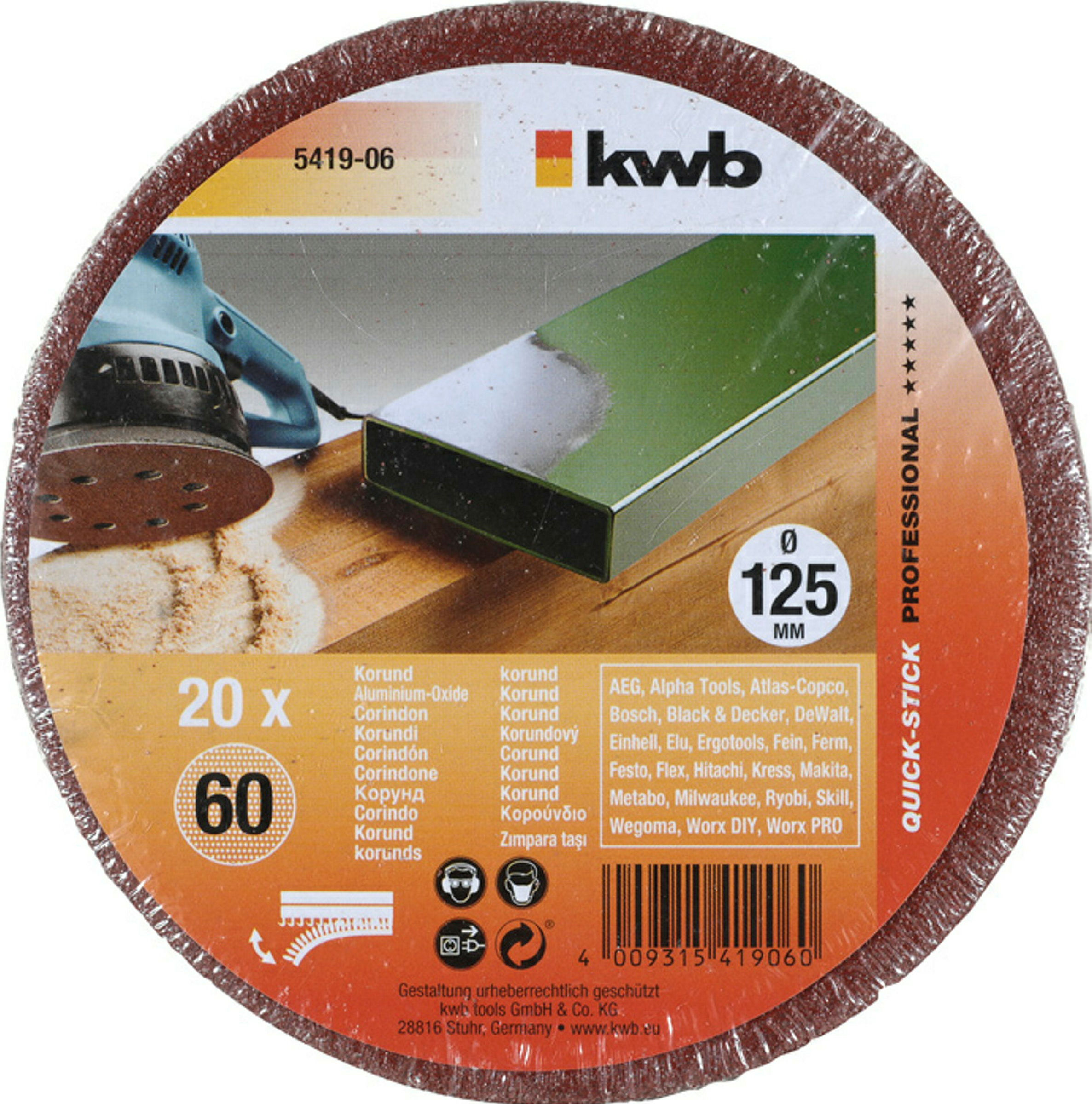 Haft-Schleifscheiben, HOLZ & METALL, Edelkorund, Ø 125 mm, gelocht, K 60