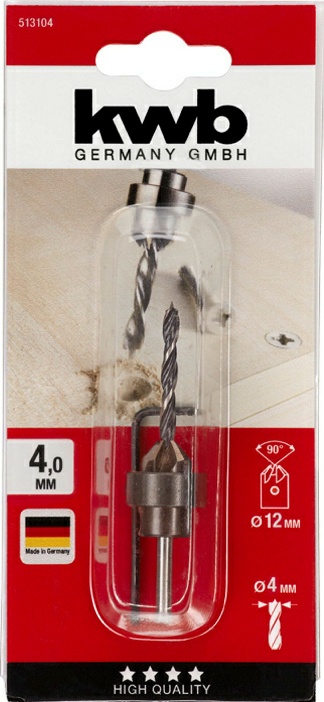 Holzspiralbohrer-Set mit Aufstecksenker und Tiefenstop, 3-tlg., ø 4 mm
