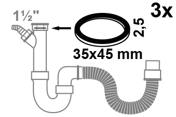 Flachdichtung, Silikon, 35 mm x 45 mm x 2 mm, für 1 1/2'' für Siphon (3x)