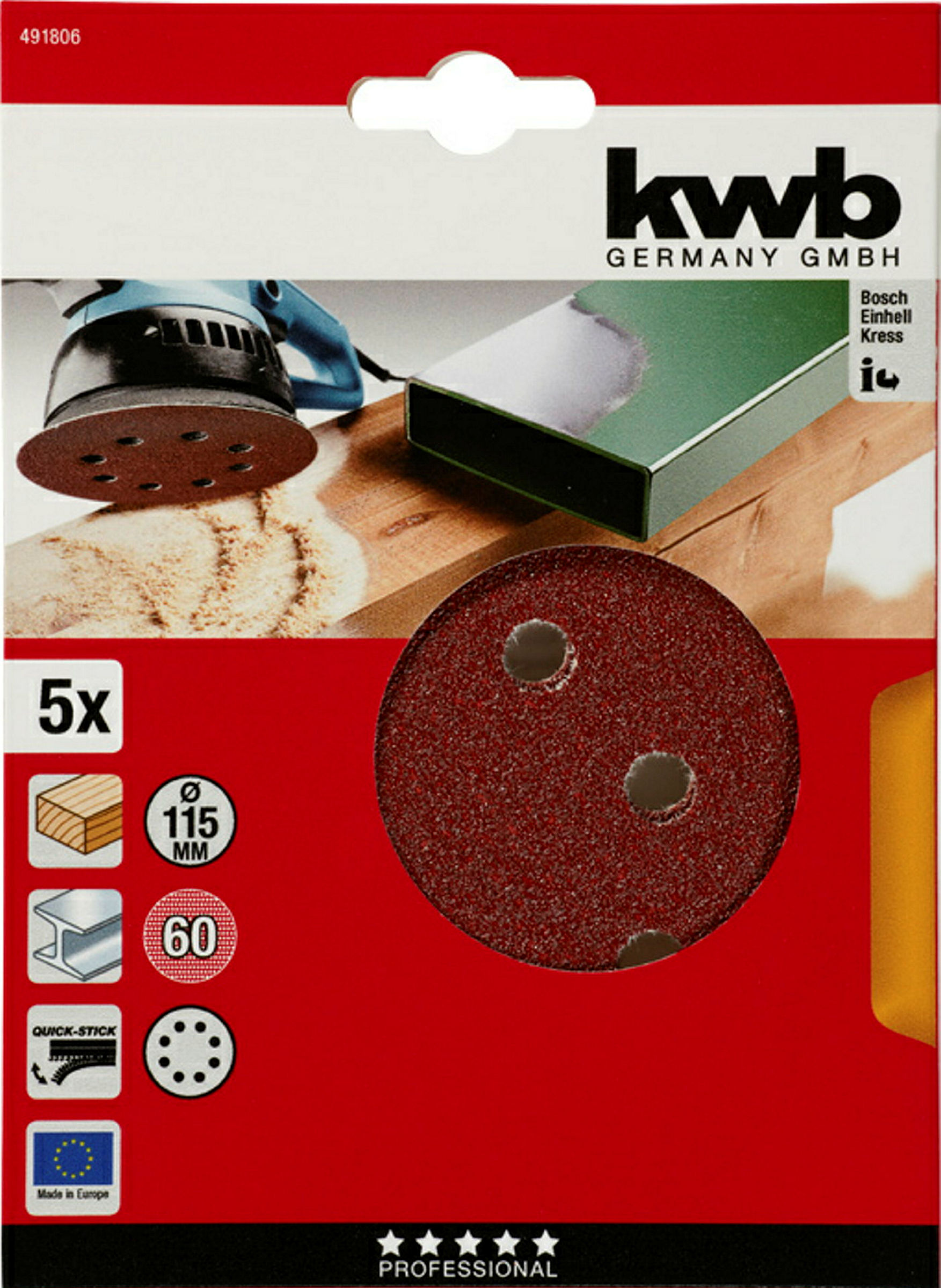 Haft-Schleifscheiben, HOLZ & METALL, Edelkorund, Ø 115 mm, gelocht, K 60