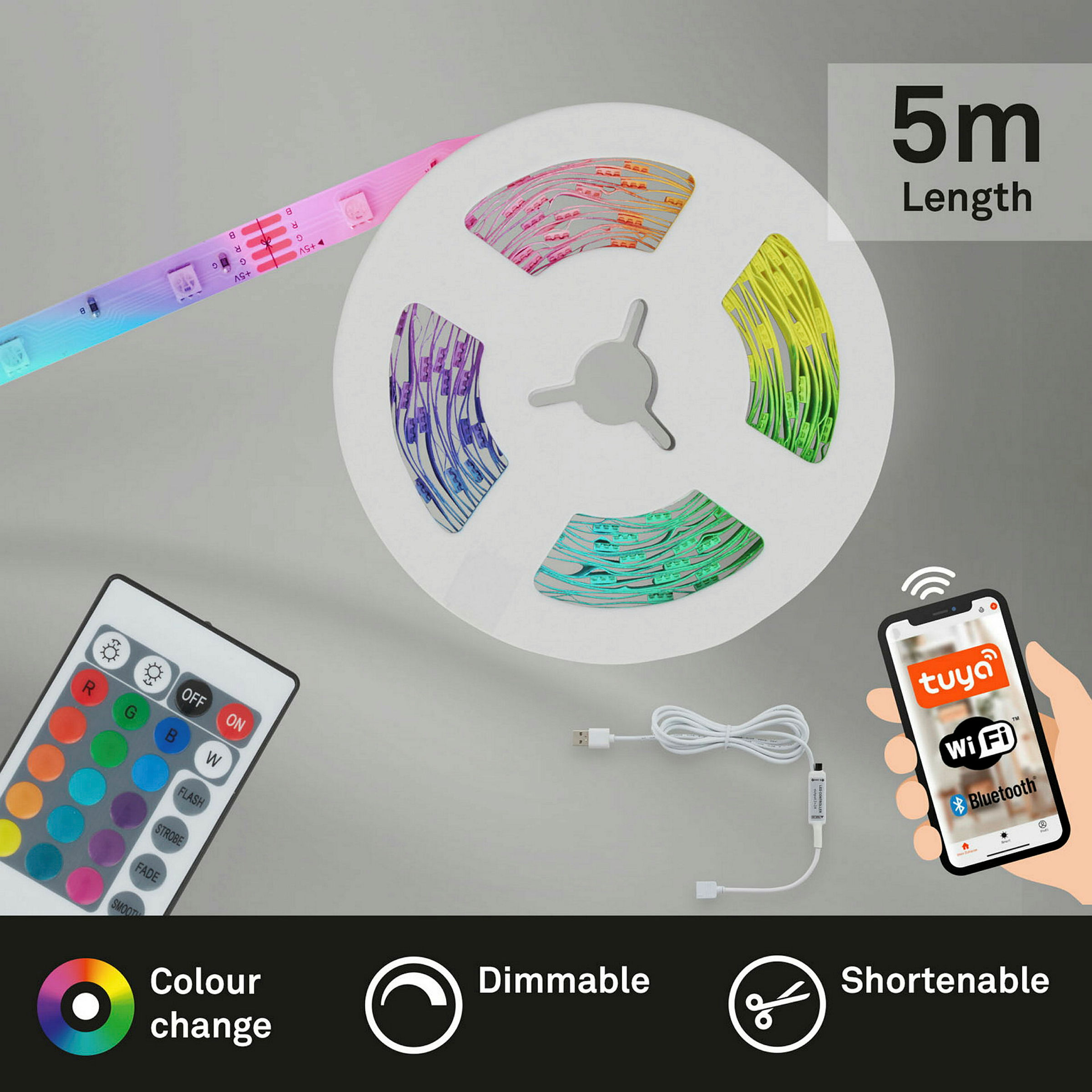USB SMART WiFi + Bluetooth RGB-LED Flexband, 5m, USB