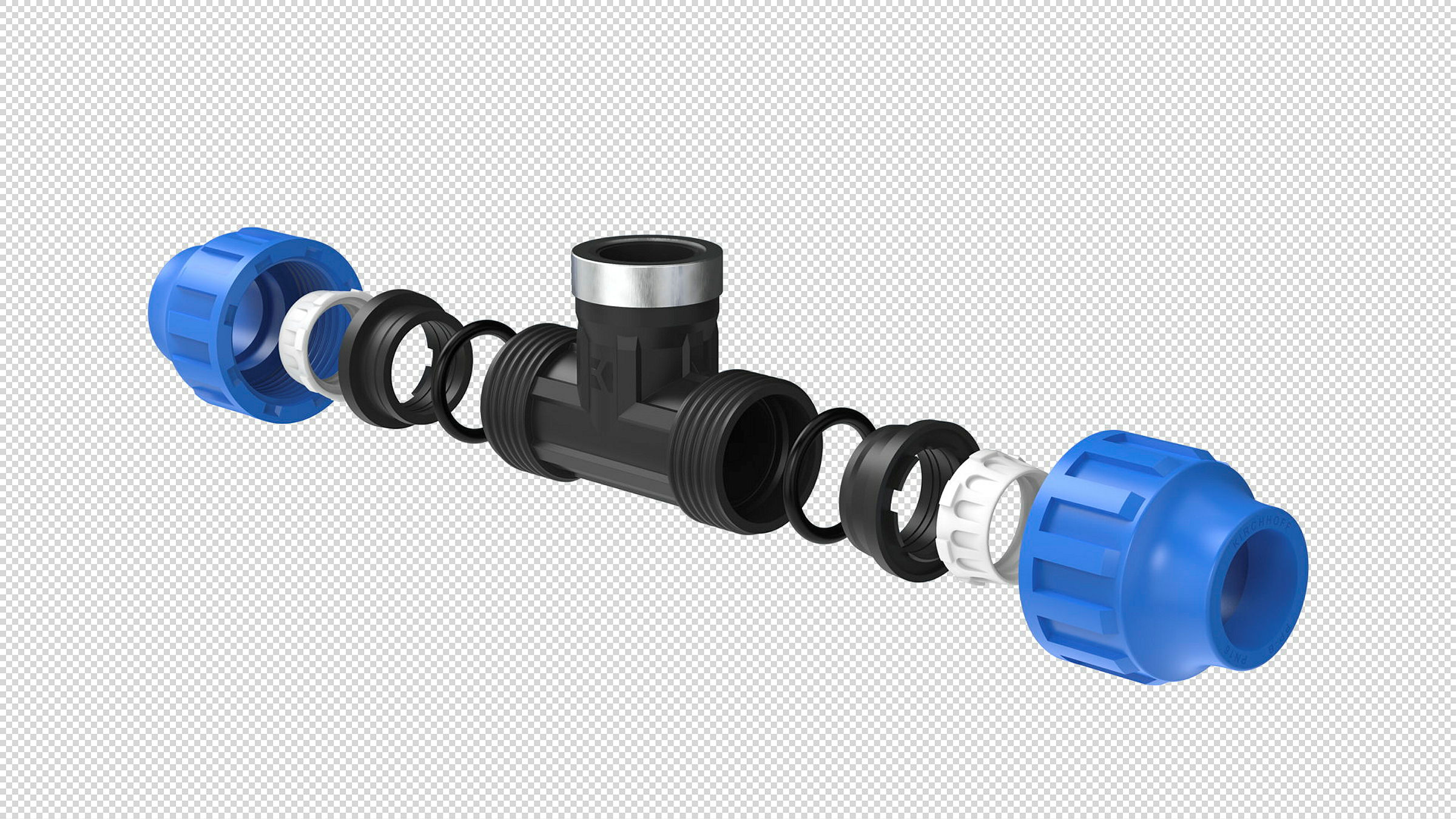 PP T-Stück, 20 mm x 1/2''IG x 20 mm, Klemmfitting für HDPE