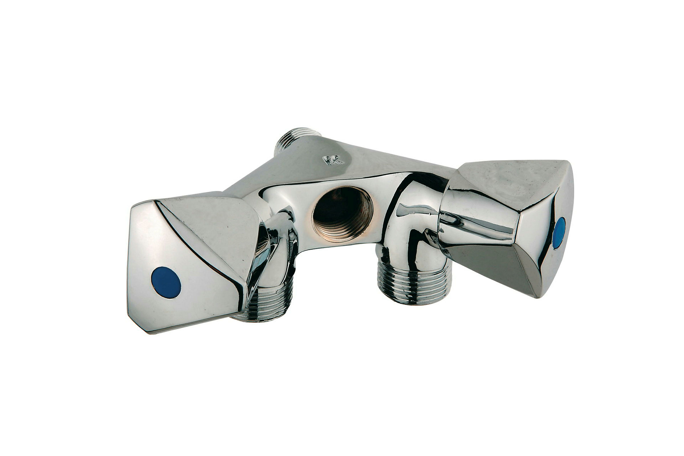Doppel-GA-Wandventil, Chrom, 1/2''AG x 3/4''AG x 1/2''IG, mit Rückflussverh