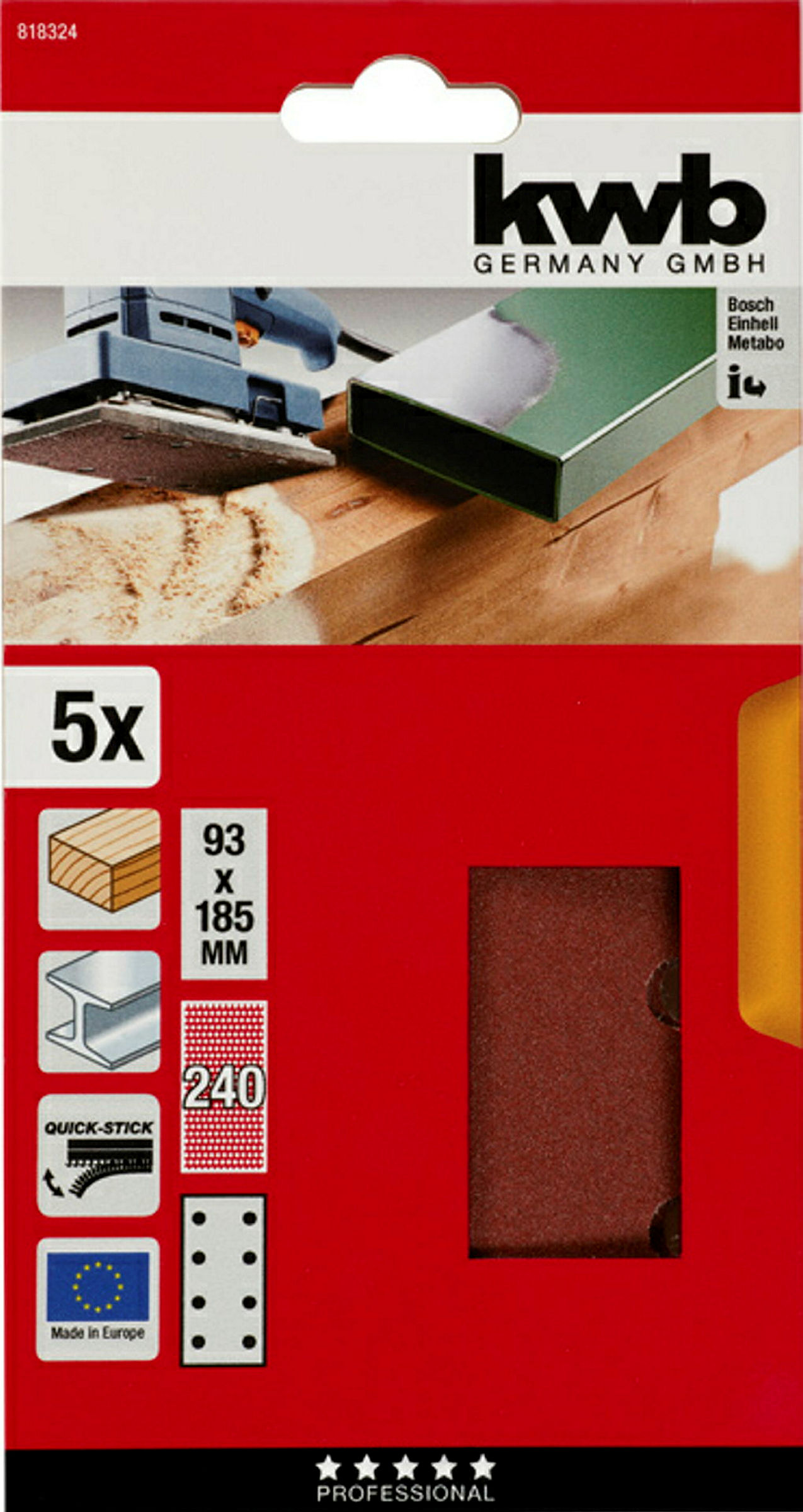 Haft-Schleifstreifen, HOLZ & METALL, Edelkorund, 93 x 185 mm, K 240