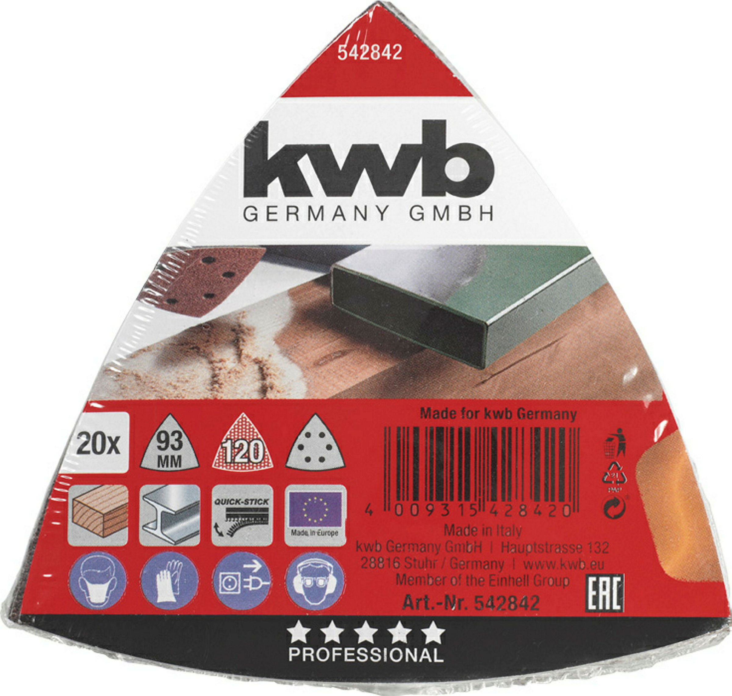 Haft-Schleifdreiecke, HOLZ & METALL, Edelkorund, 93 mm, K 120