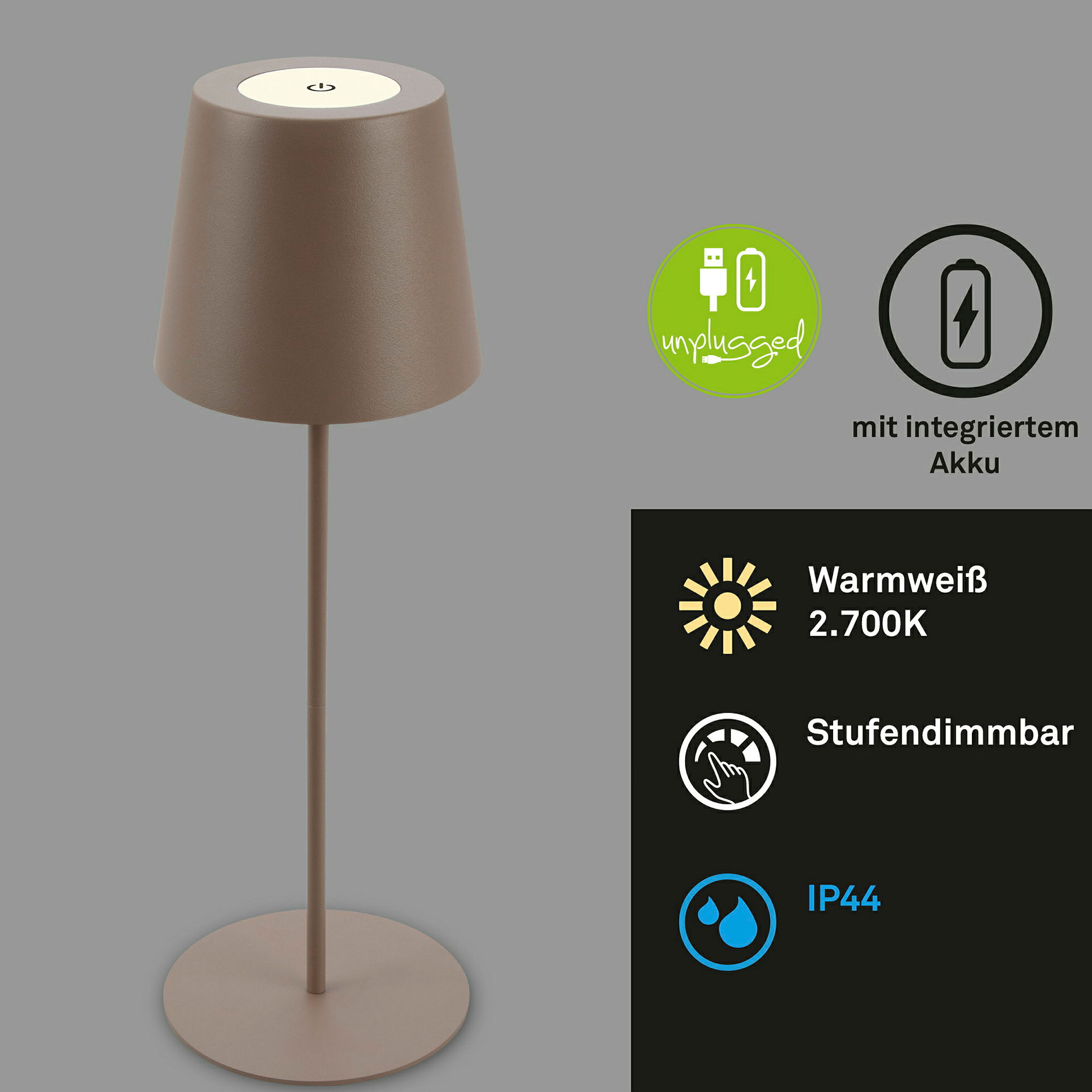 KIKI LED Akku Tischleuchte, IP44, 2,5W, Umbrasand