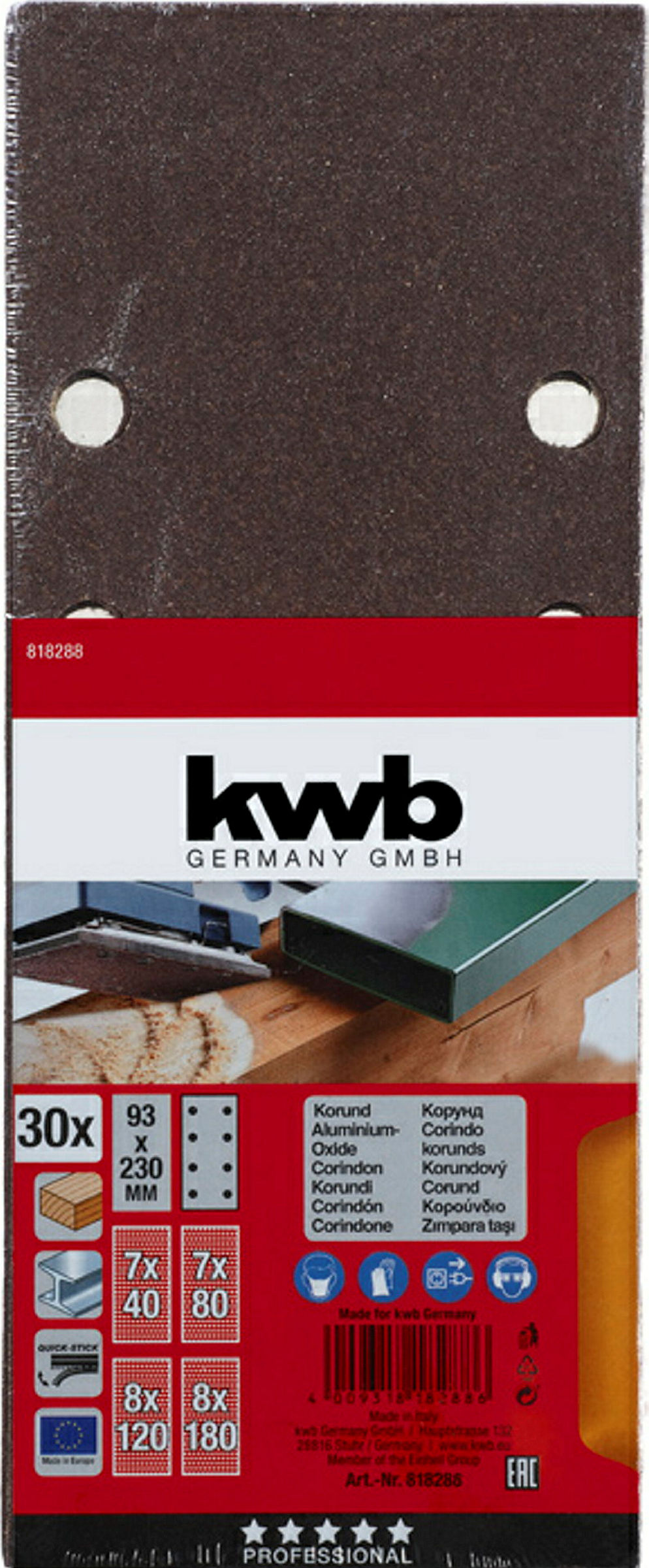 Schleifstreifen, HOLZ & METALL, Korund, 93 x 230 mm, gelocht, TYP B