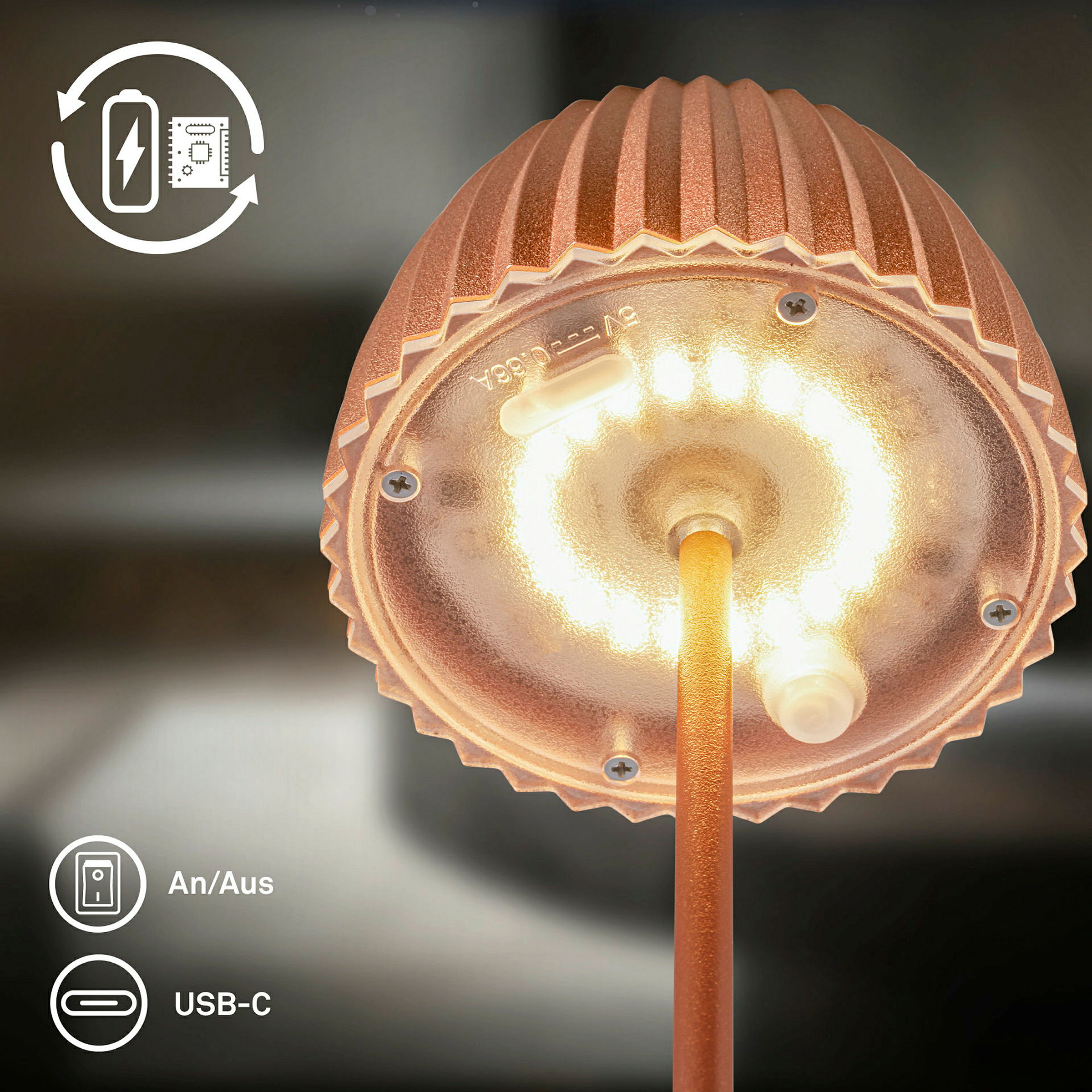 Brilo unplugged RIFFLE Akku Mini Tischleuchte mit Lichtkante - Kupfer