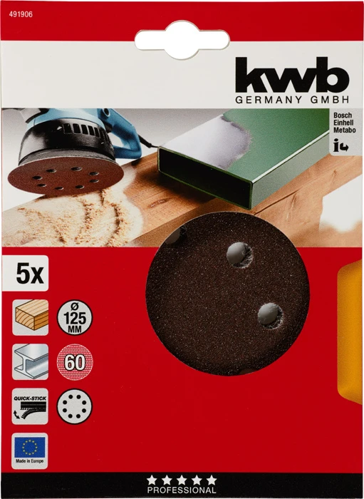 Haft-Schleifscheiben, HOLZ & METALL, Edelkorund, Ø 125 mm, gelocht, K 60