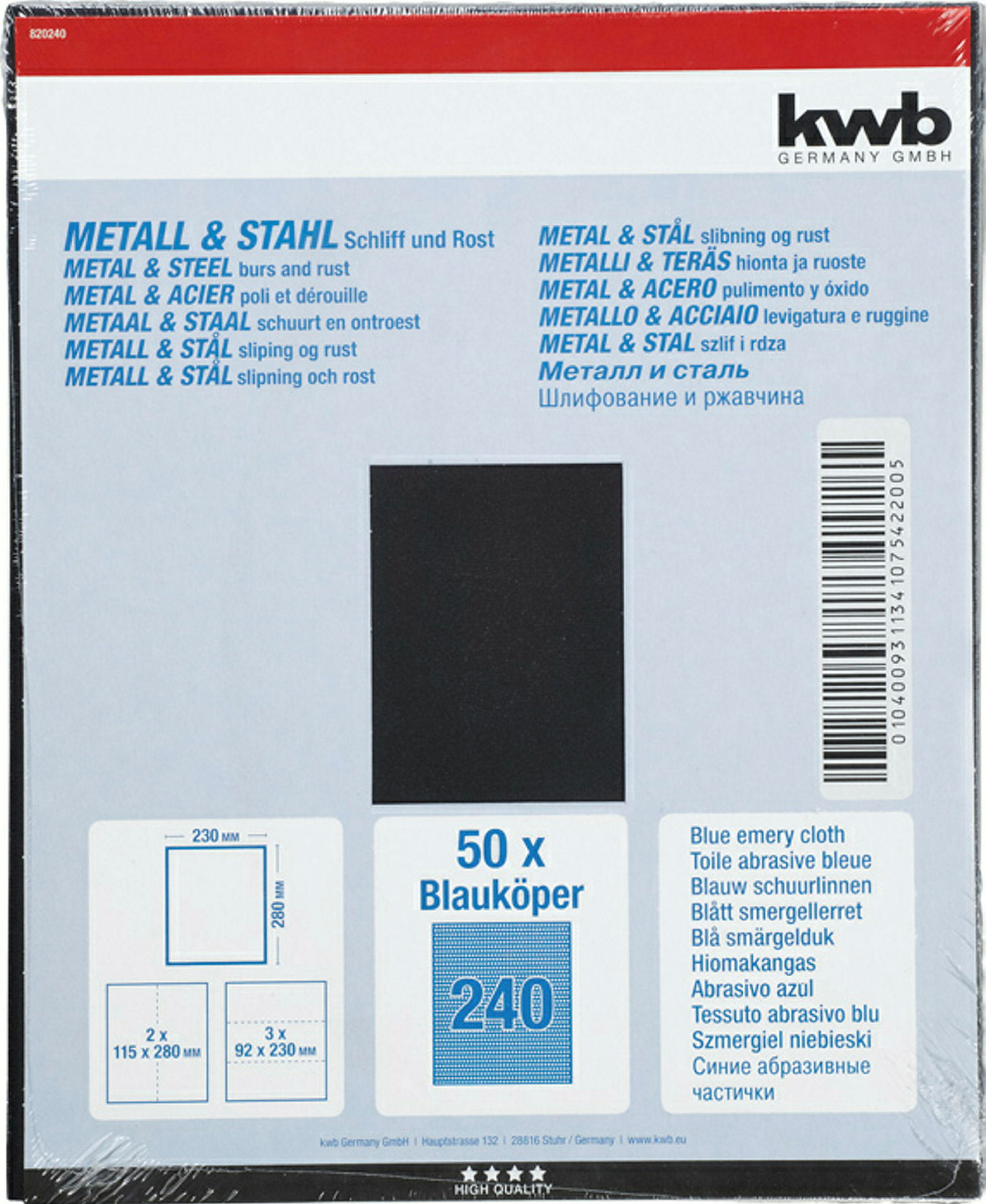 Schleifgewebe METALL & STAHL, Blauköper, 230 x 280 mm, K 240