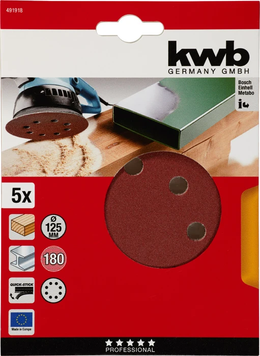 Haft-Schleifscheiben, HOLZ & METALL, Edelkorund, Ø 125 mm, gelocht, K 180