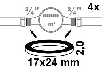 Wasserzählerdichtung, Gummi, 17 x 24 x 2 mm, für 1/2'' und 3/4'' (4x)