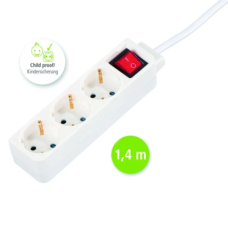 Hama Steckdosenleiste, 3-fach, mit Schalter, 1,4 m, Weiß
