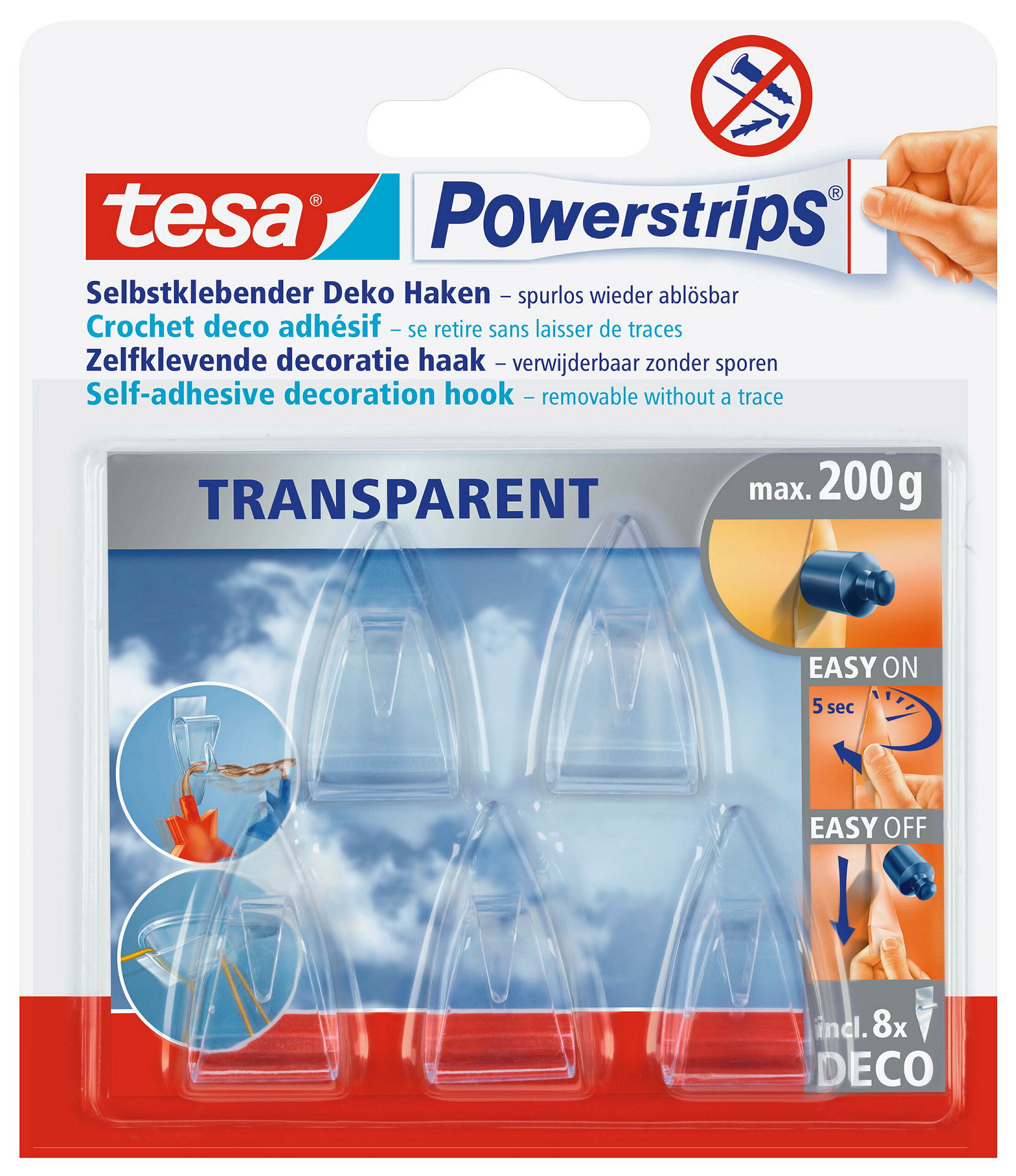 tesa® Powerstrips Deco-Haken, transparent, für max. 200g, mit 5 Haken