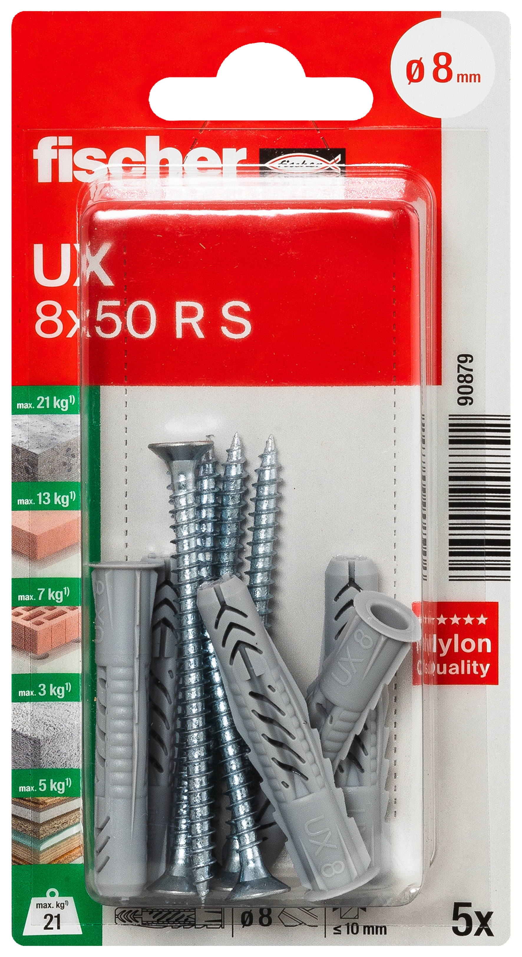 fischer Universaldübel UX 8 x 50 R S mit Rand und Schraube