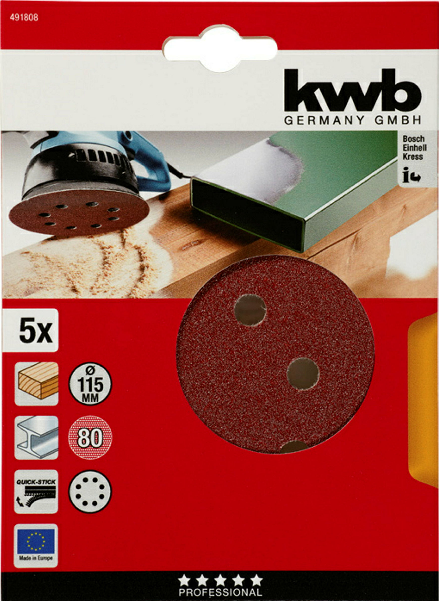 Haft-Schleifscheiben, HOLZ & METALL, Edelkorund, Ø 115 mm, gelocht, K 80
