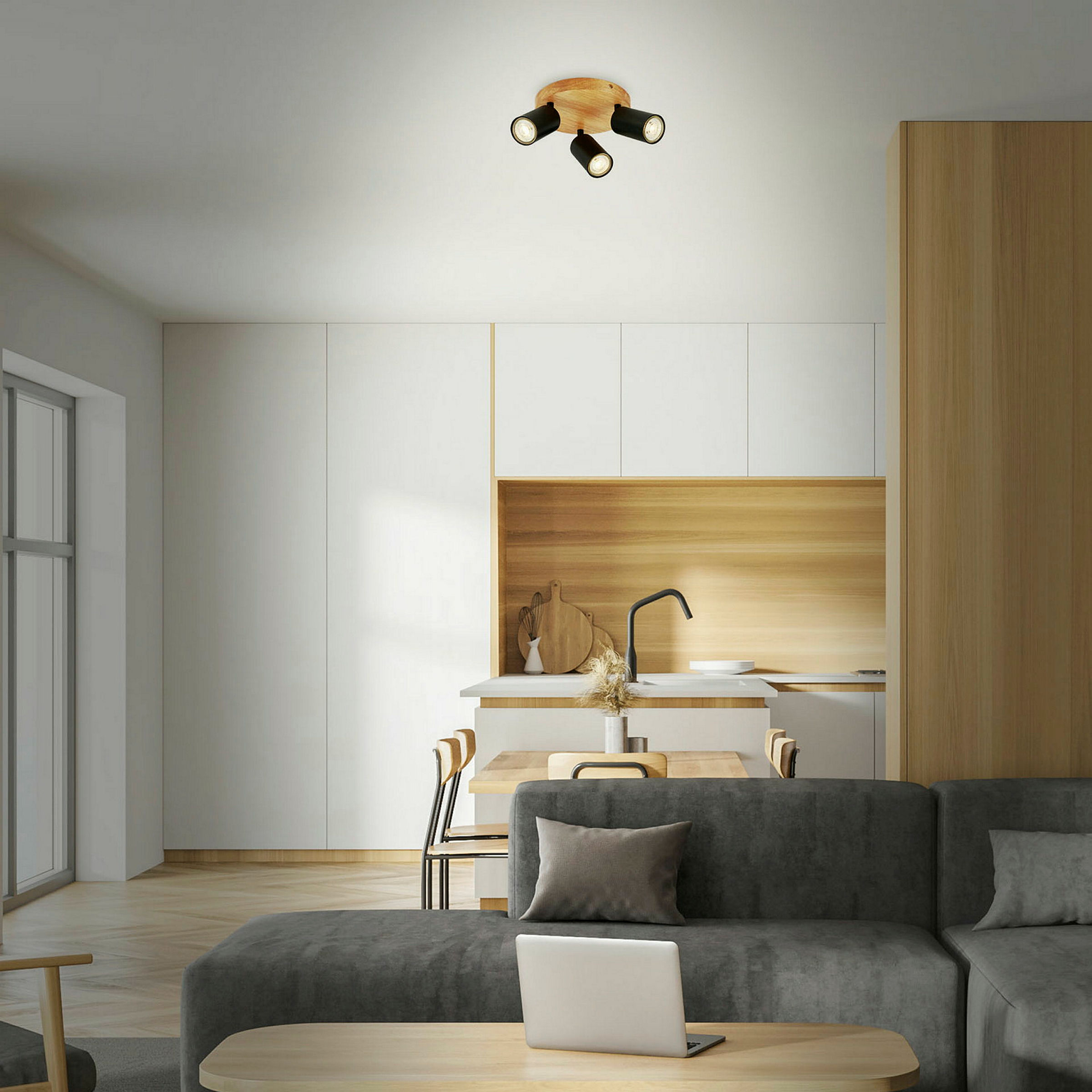 Spotleuchte, schwarz, mit Holz, exkl. 3xGU10 9W