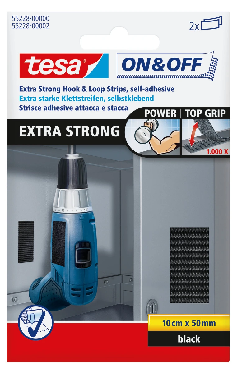 tesa ON&OFF® Extra Strong Klettstreifen, schwarz